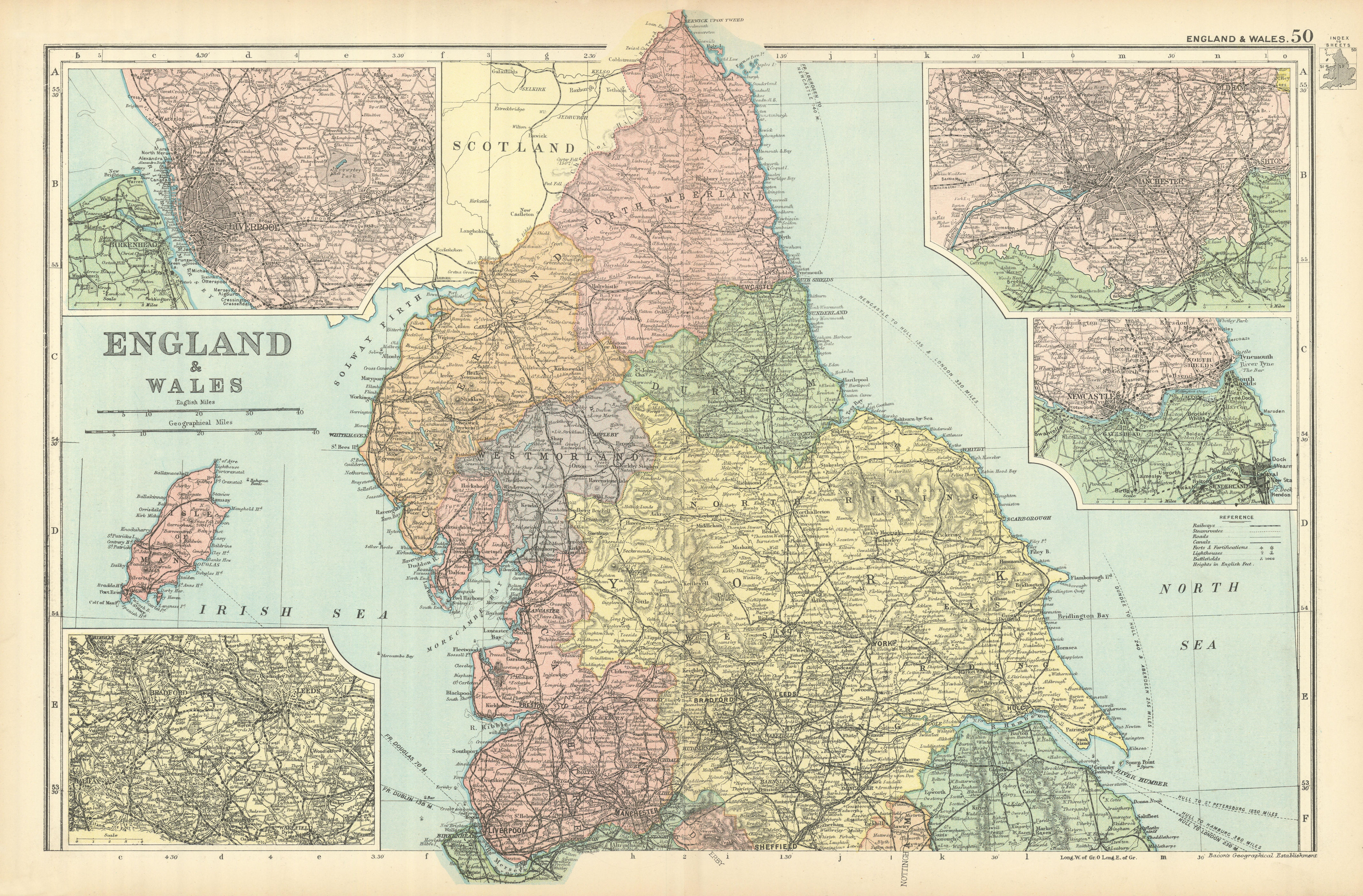 Associate Product NORTHERN ENGLAND Liverpool Leeds Manchester Newcastle environs. BACON 1898 map