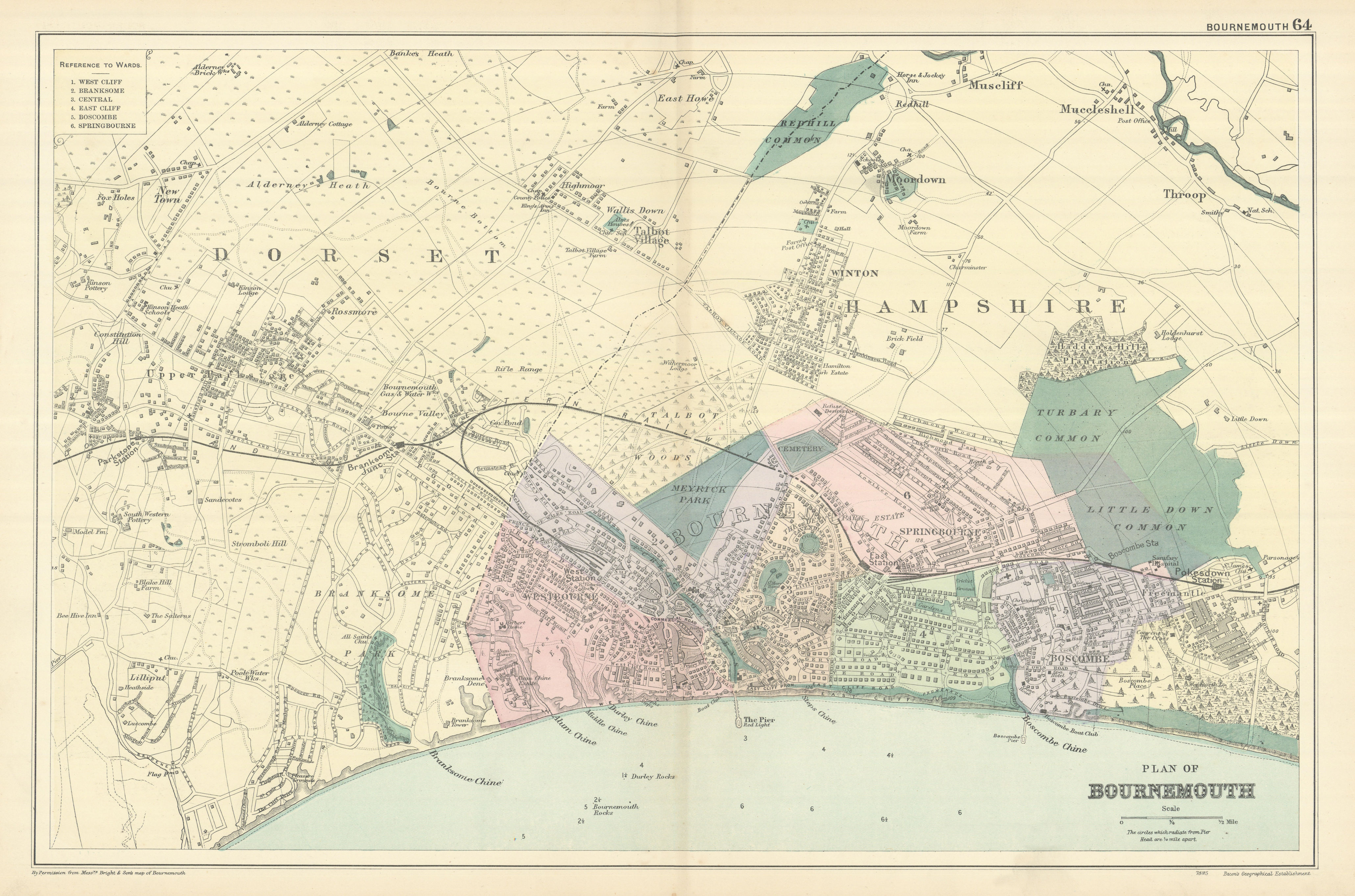 Associate Product BOURNEMOUTH town city plan. Westbourne Springbourne Boscombe BACON 1898 map