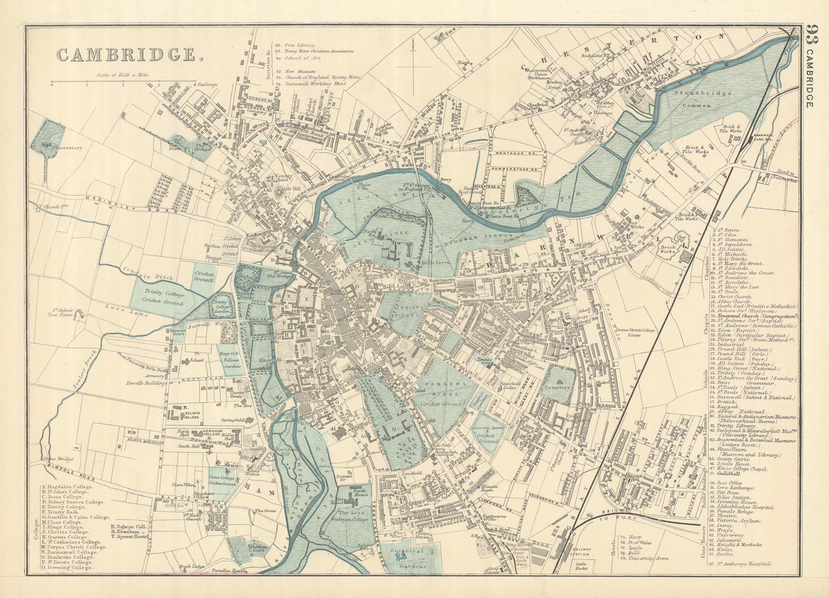 CAMBRIDGE antique town city plan by GW BACON University Colleges 1898