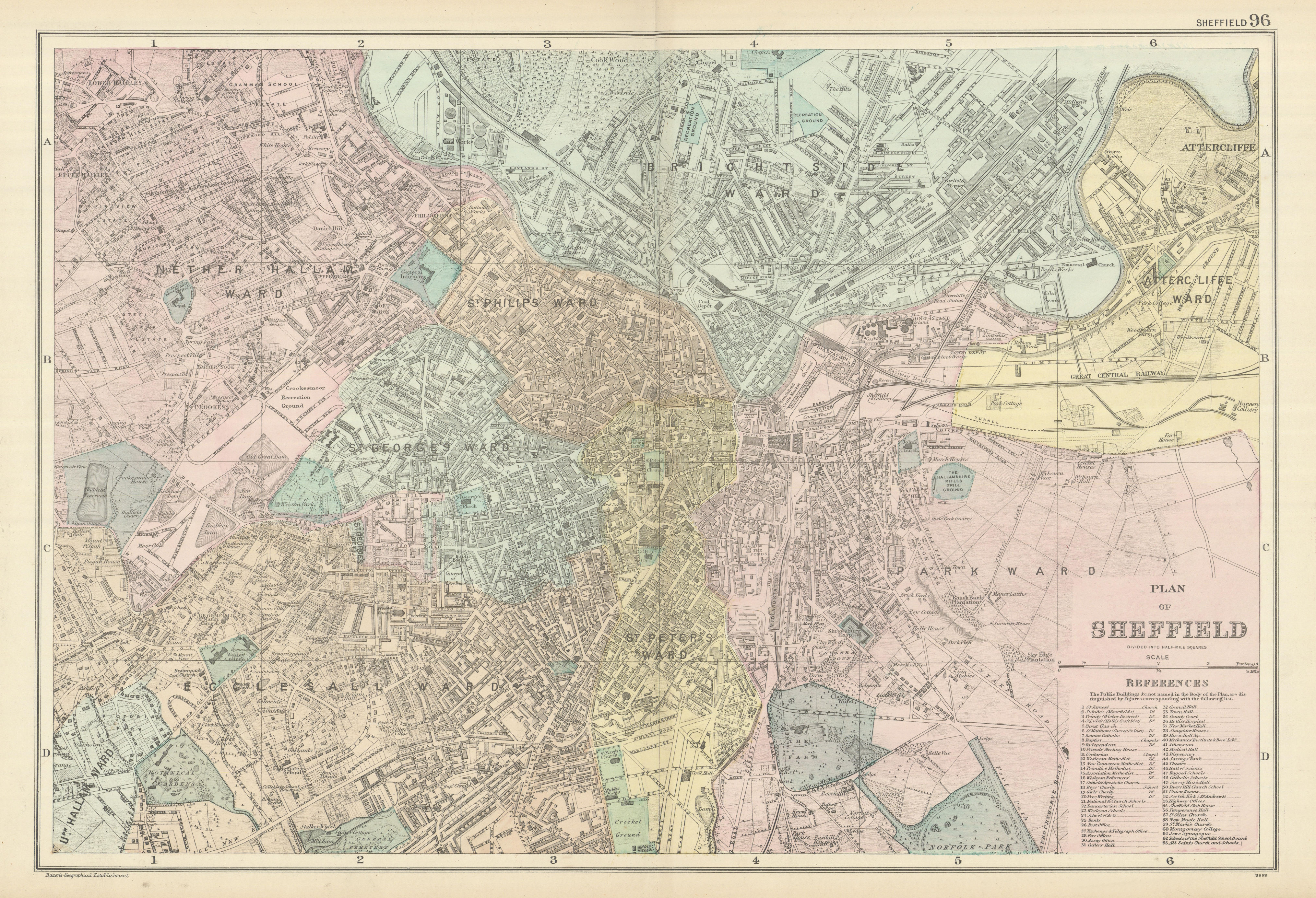 Associate Product SHEFFIELD town city plan Attercliffe Ecclesall Brightside Hallam. BACON 1898 map