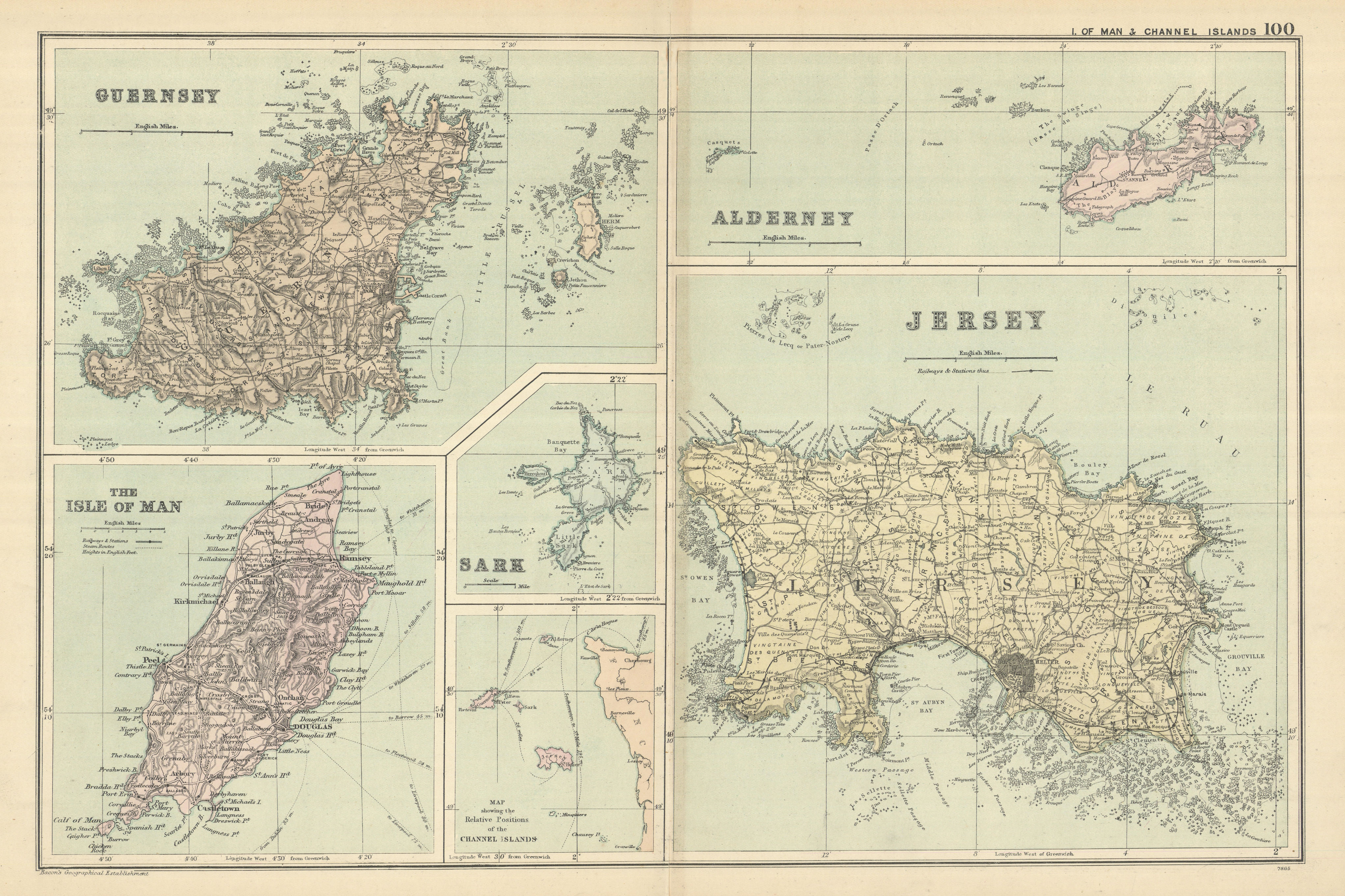 Associate Product CHANNEL ISLANDS & ISLE OF MAN Alderney Guernsey Jersey Sark by GW BACON 1898 map
