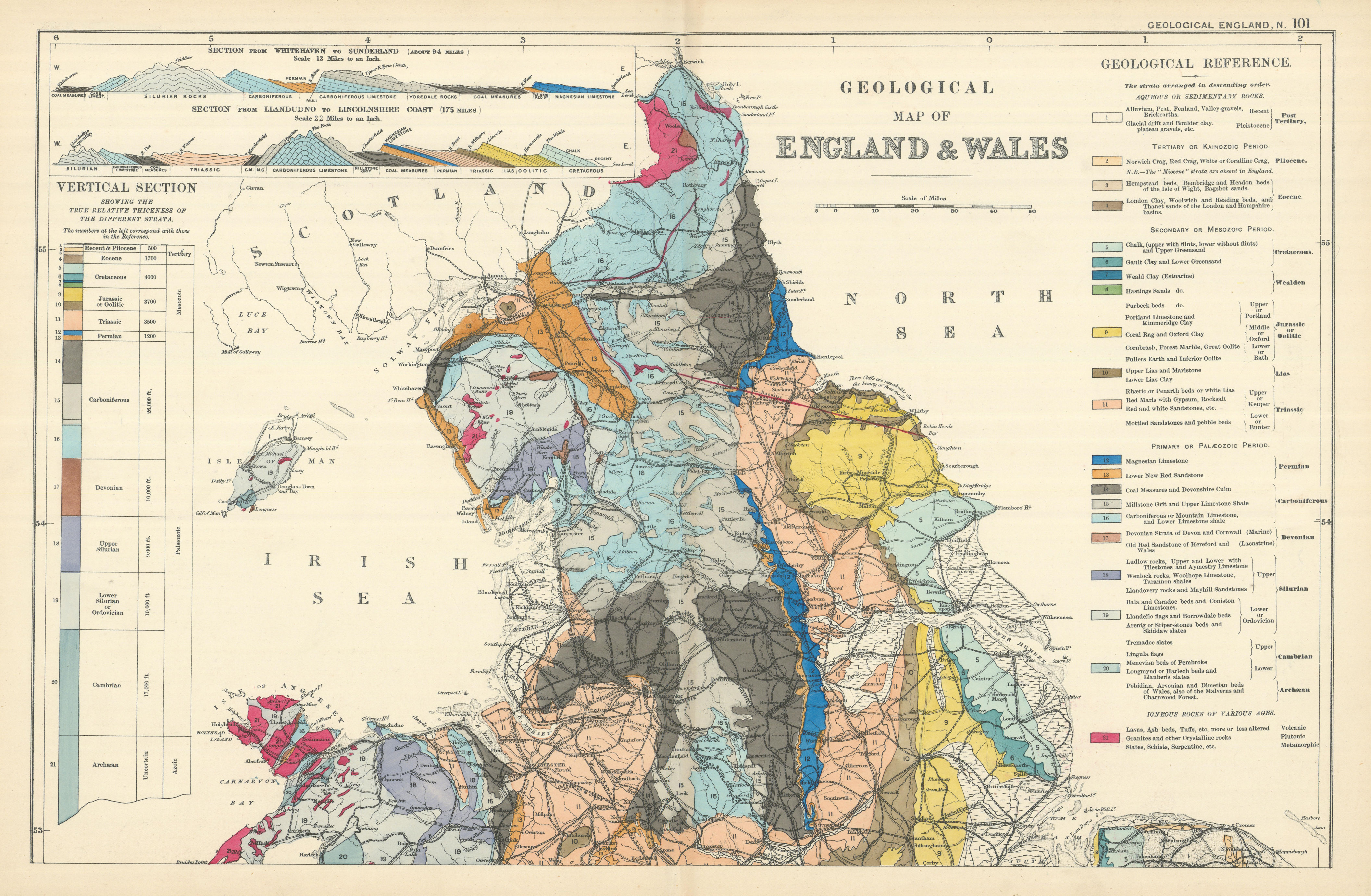 Associate Product GEOLOGICAL ENGLAND & WALES (North sheet) antique map by GW BACON 1898 old