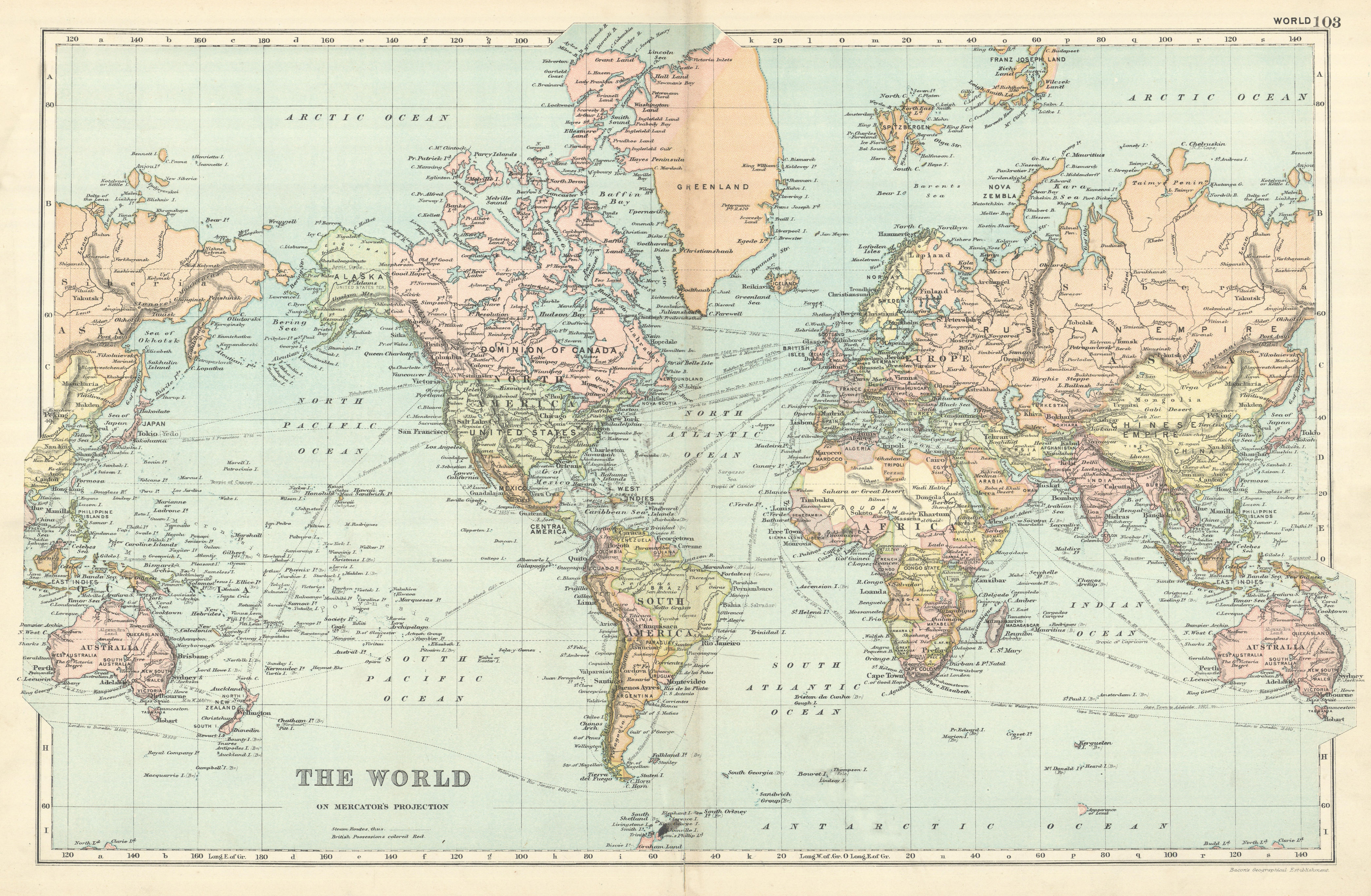 Associate Product WORLD ON MERCATOR'S PROJECTION showing the BRITISH EMPIRE by GW BACON 1898 map