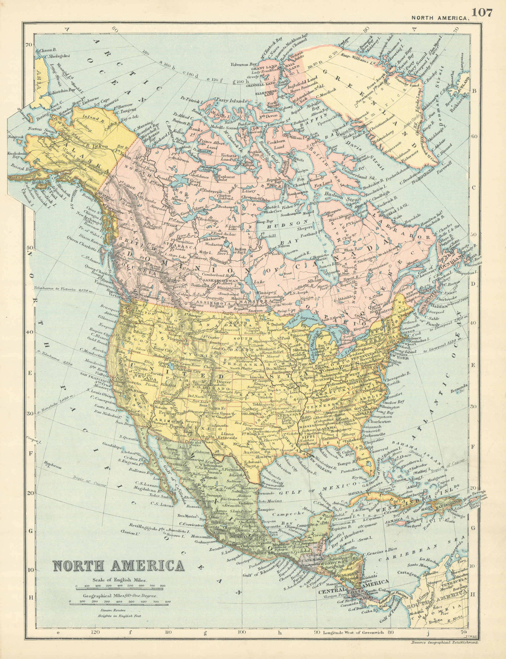 Associate Product NORTH AMERICA Canada USA Mexico Central America West Indies by GW BACON 1898 map