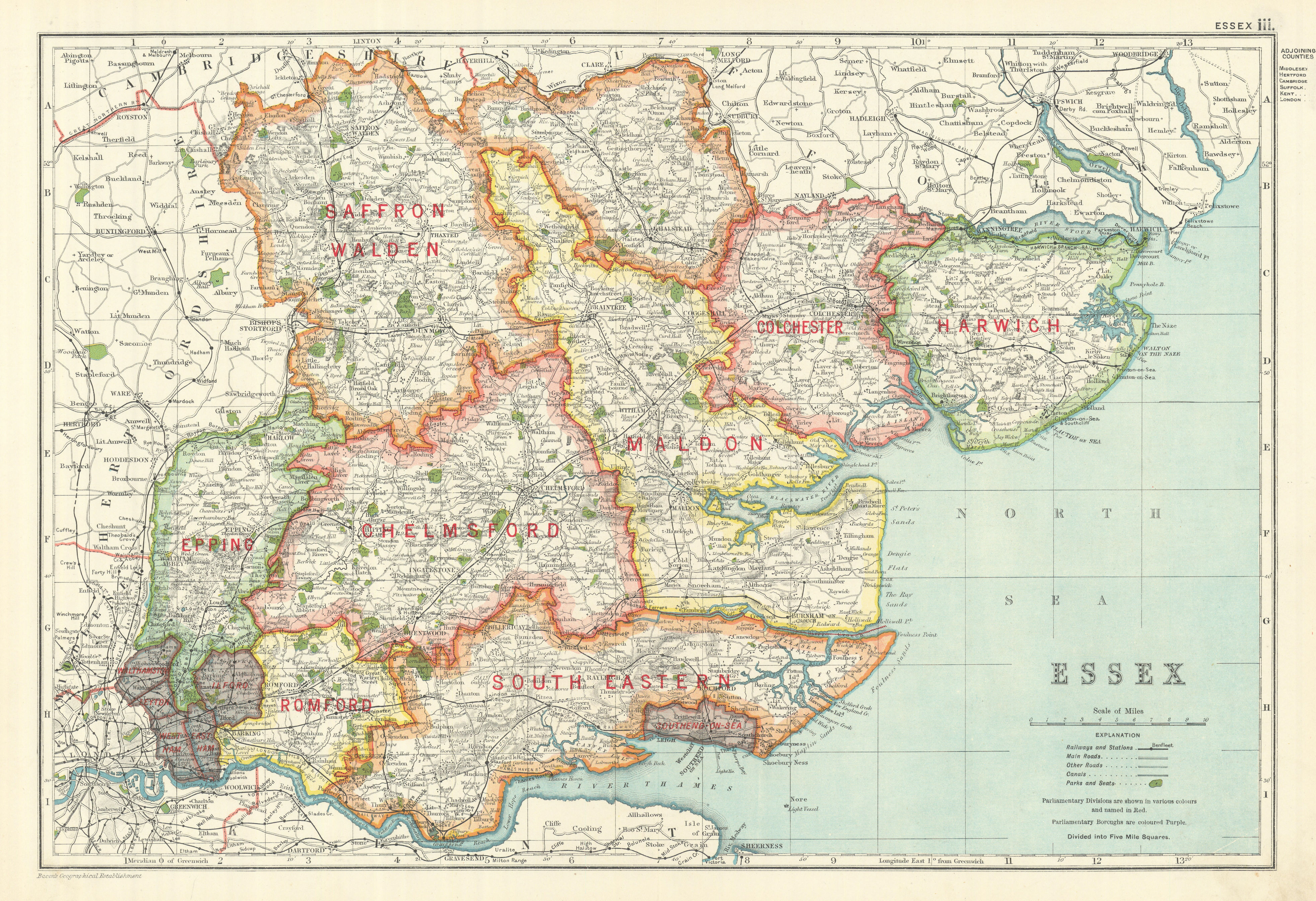 Associate Product ESSEX. Showing Parliamentary divisions, boroughs & parks. BACON 1919 old map