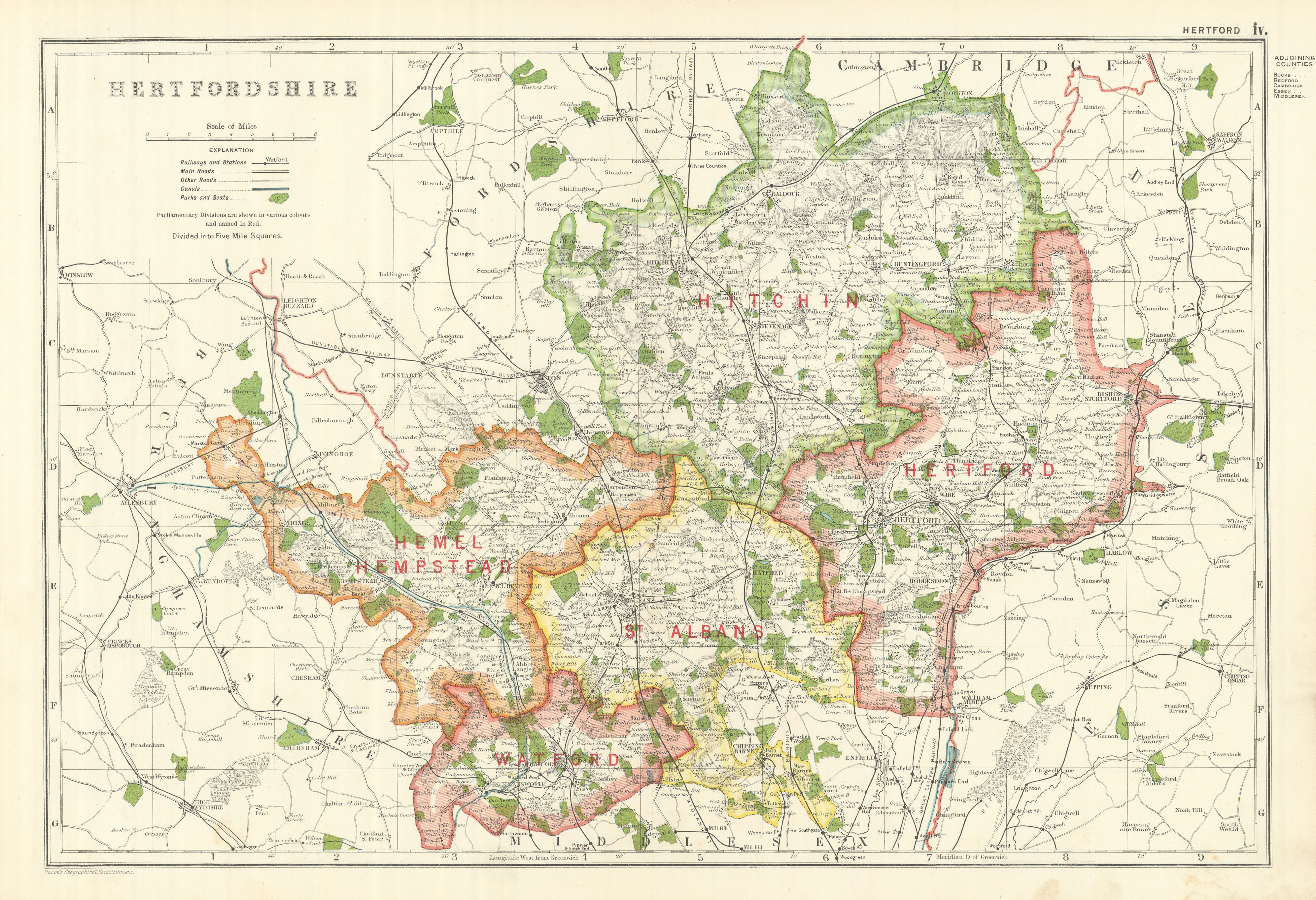 Associate Product HERTFORDSHIRE. Showing Parliamentary divisions, boroughs & parks. BACON 1919 map