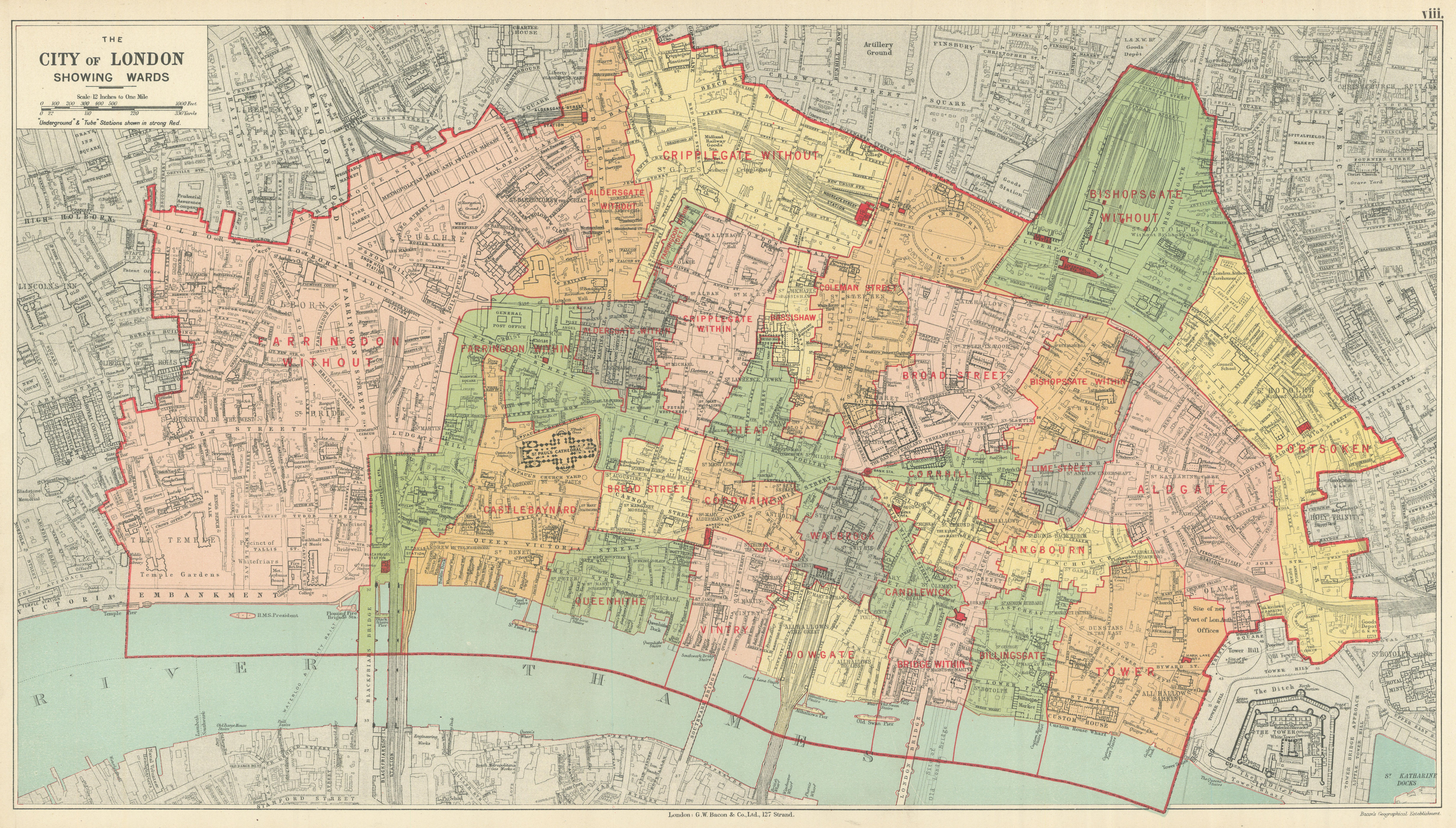 Associate Product CITY OF LONDON showing WARDS. Churches & public buildings plans. BACON 1919 map