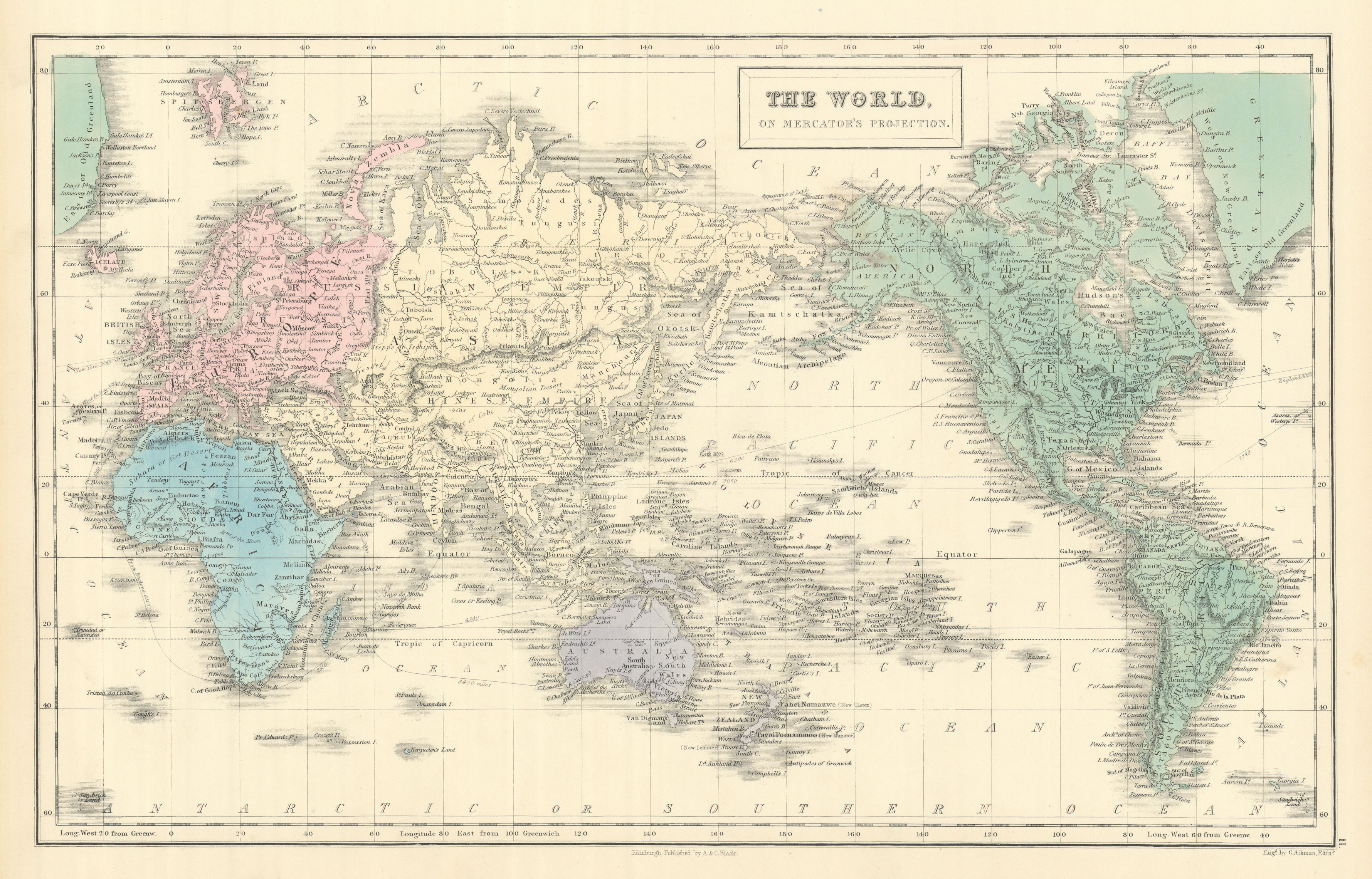 Associate Product The World, on Mercator's projection by GEORGE AIKMAN. Asia-centric 1854 map