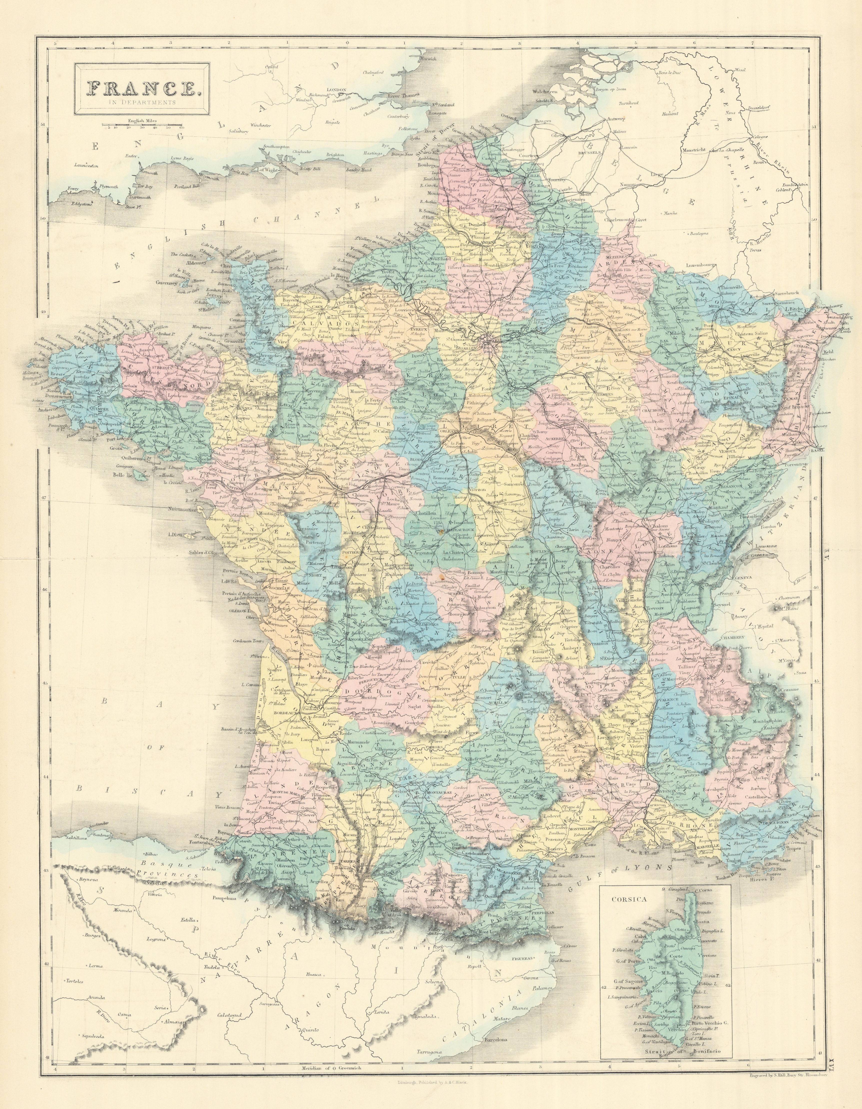 Associate Product France in departments showing railways. SIDNEY HALL 1854 old antique map chart