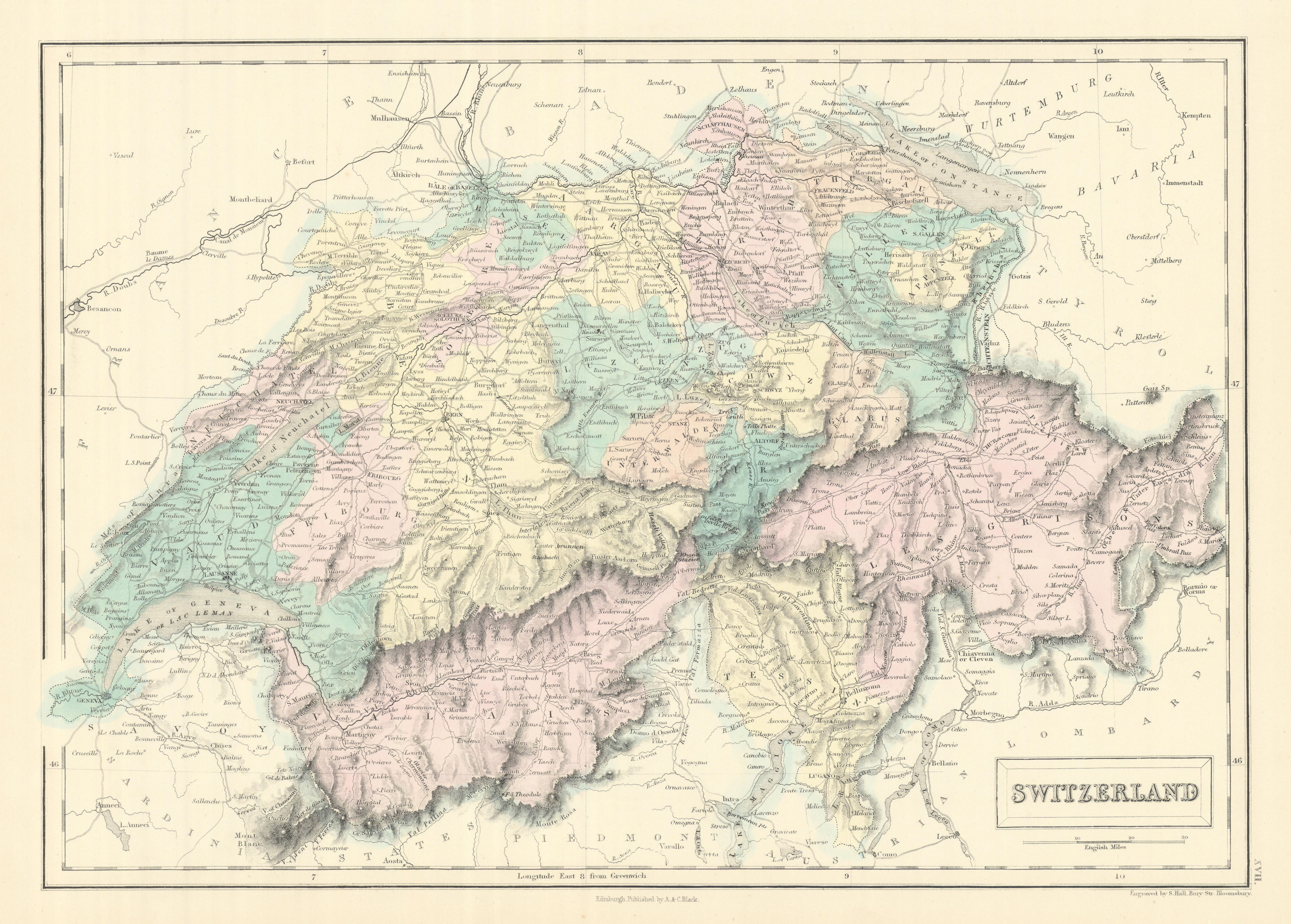 Associate Product Switzerland showing cantons, rivers & roads. SIDNEY HALL 1854 old antique map