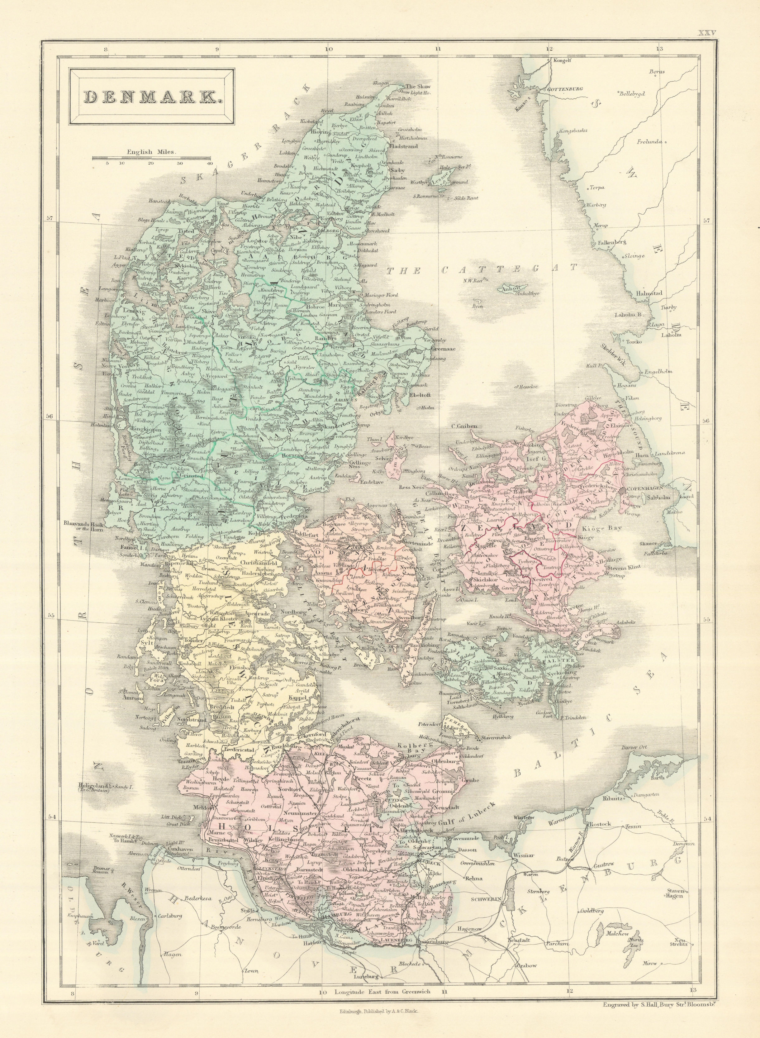 Associate Product Denmark, including Schleswig/Sleswick & Holstein. SIDNEY HALL 1854 old map