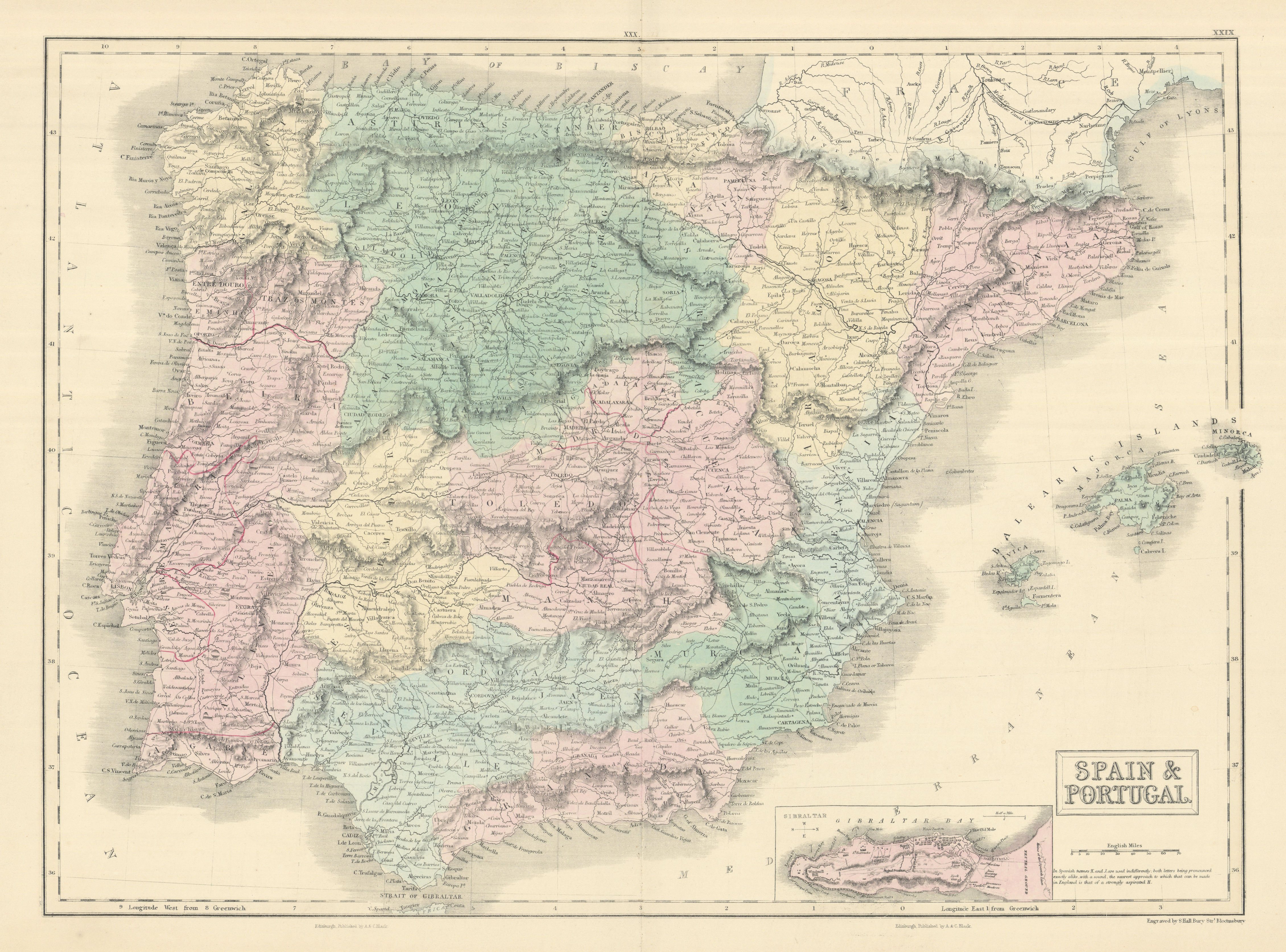 Associate Product Spain & Portugal. Inset Gibraltar. Iberia. SIDNEY HALL 1854 old antique map
