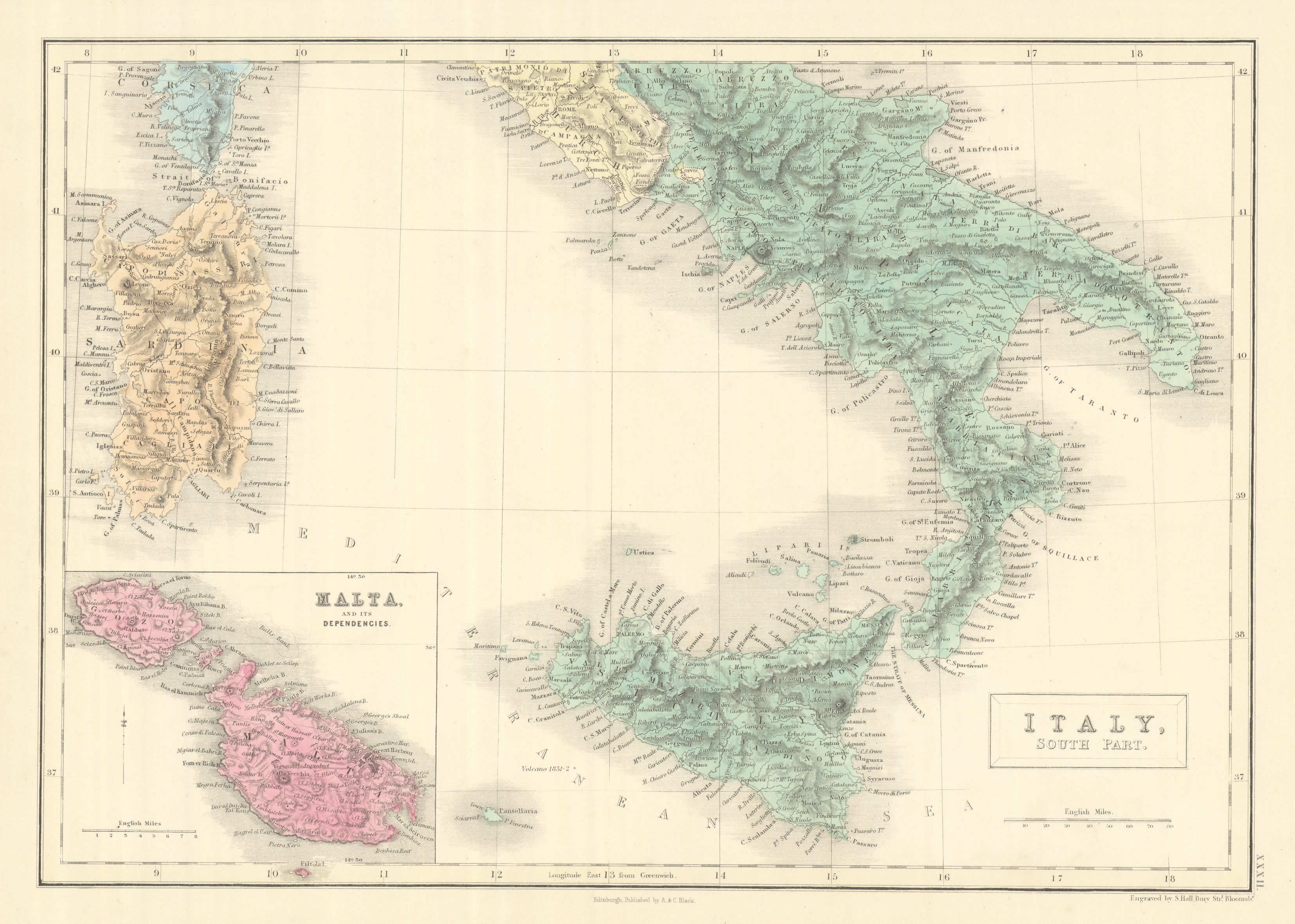 Associate Product Italy, south part. Inset Malta. Sardinia Sicily. SIDNEY HALL 1854 old map
