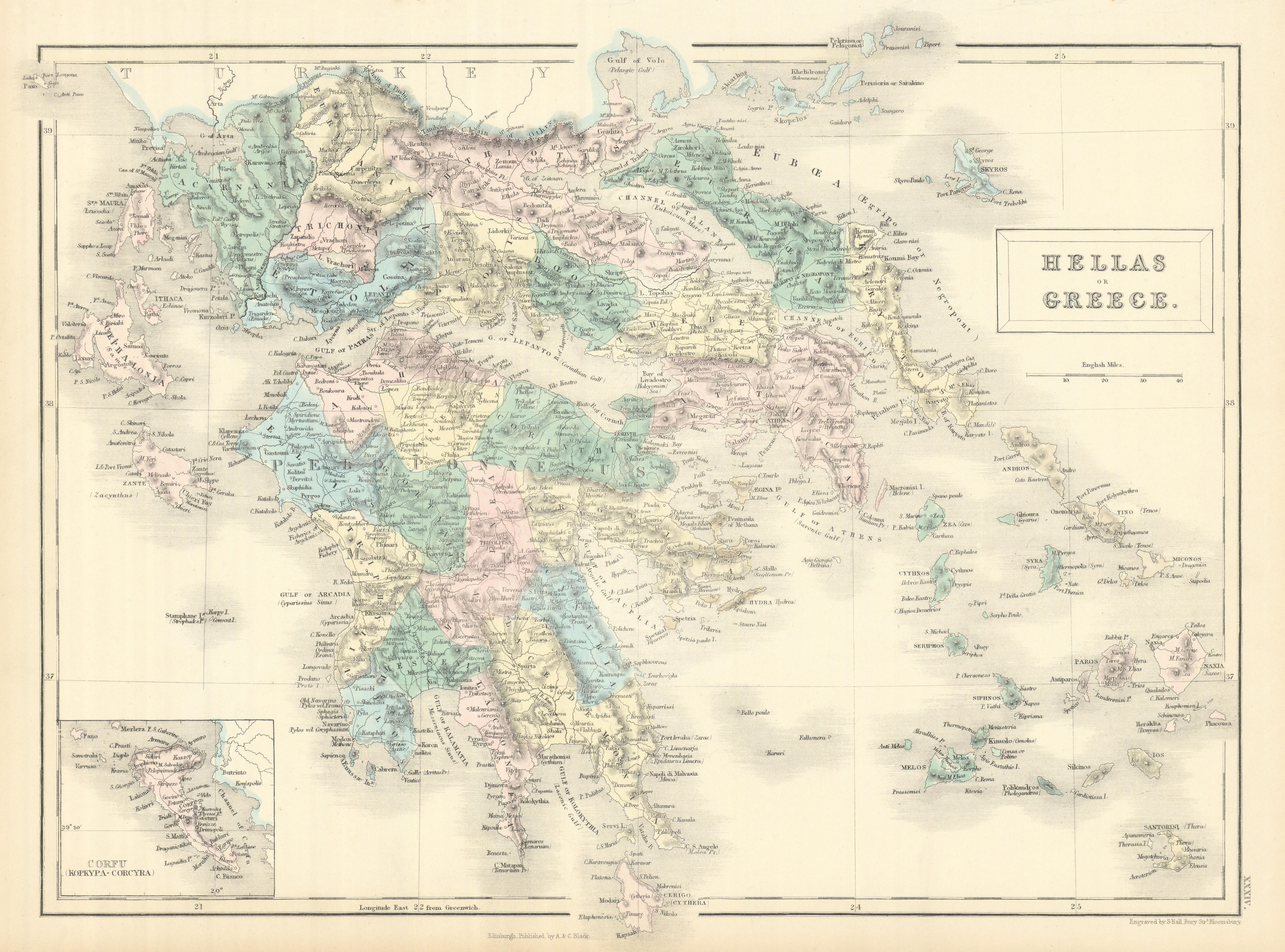 Associate Product Hellas or Greece. Ionian, Cyclades & Aegean islands. SIDNEY HALL 1854 old map