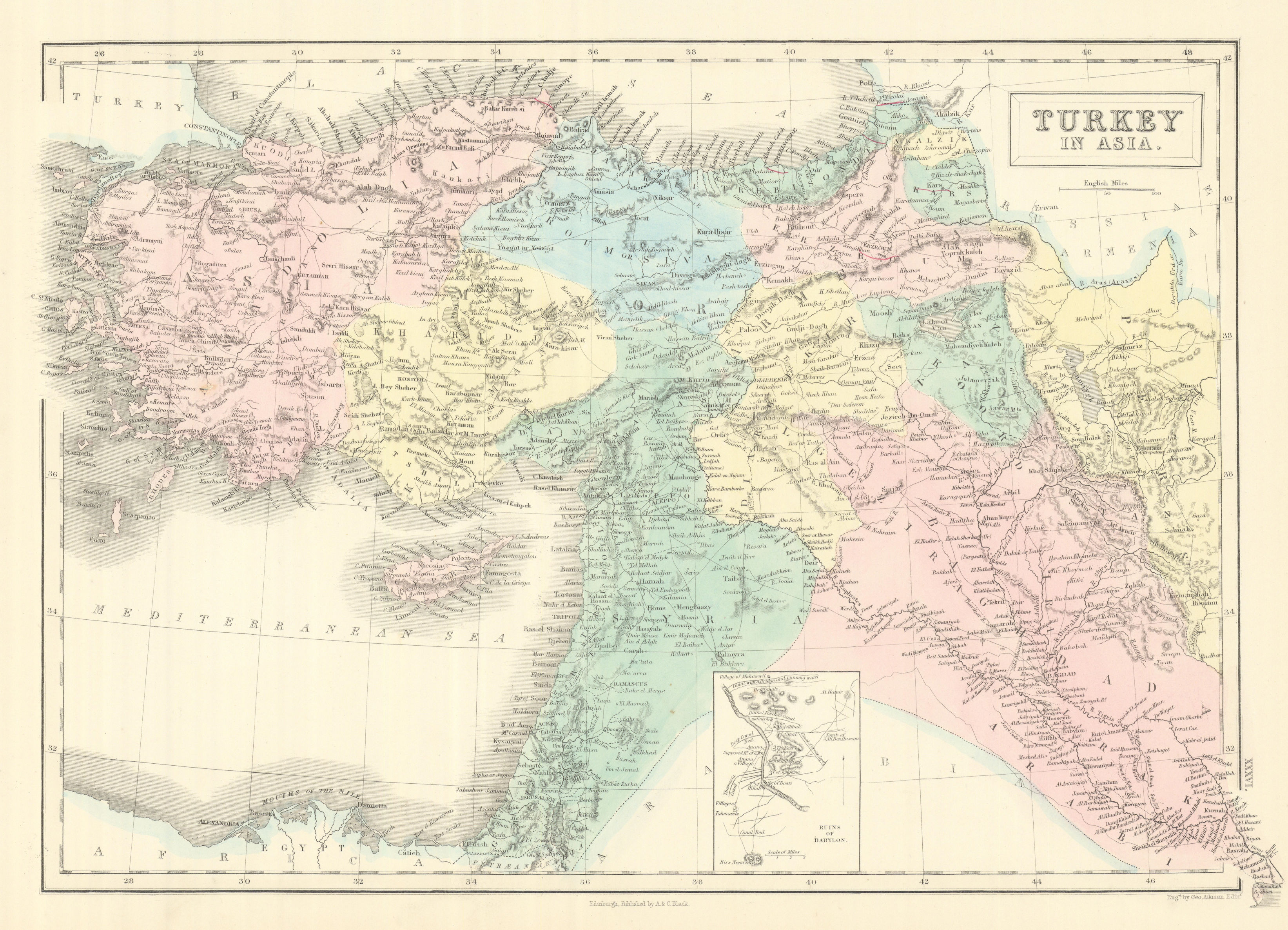 Associate Product Turkey in Asia. Inset Ruins of Babylon. Levant Iraq. GEORGE AIKMAN 1854 map
