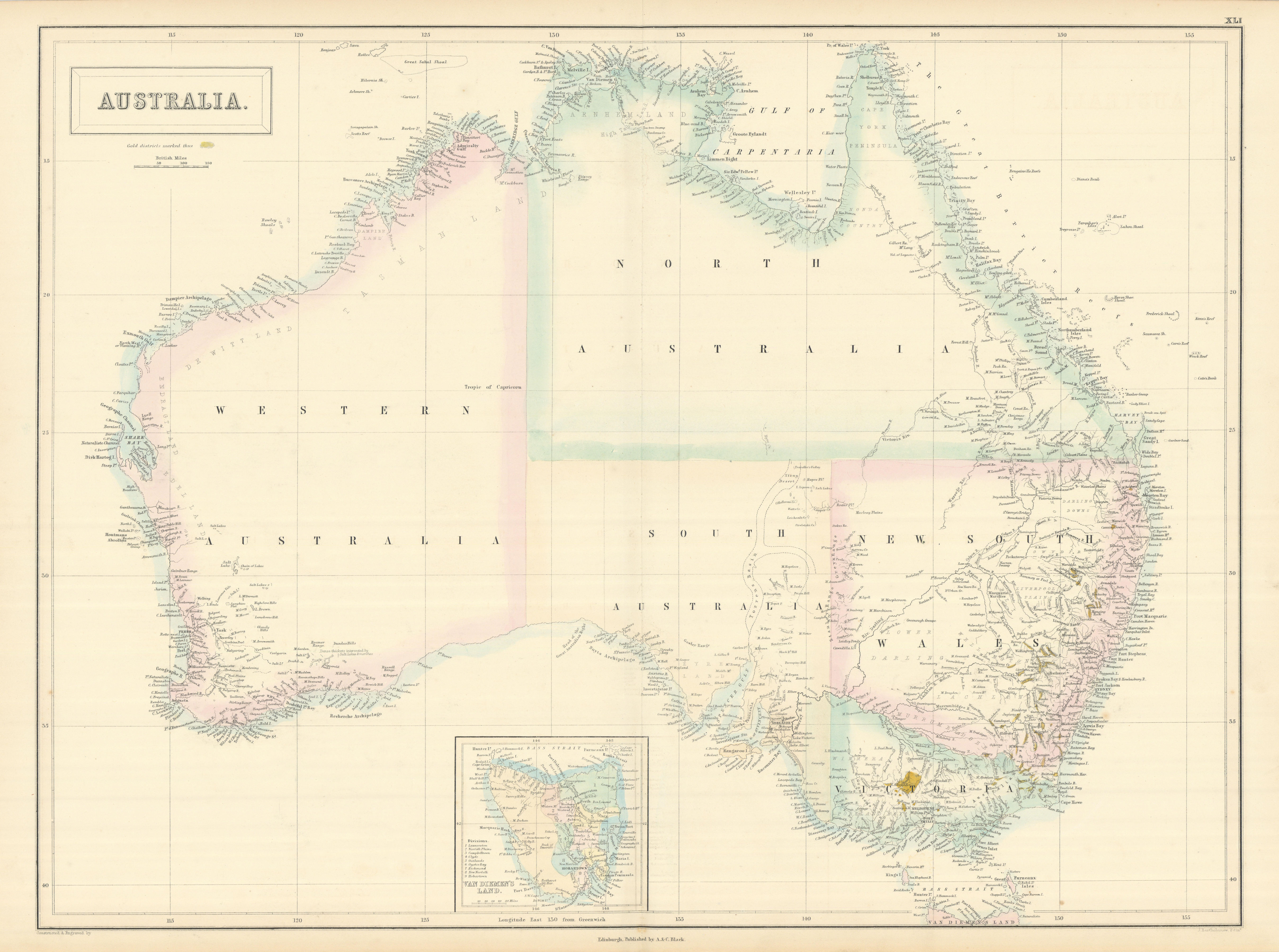 Associate Product Gold rush Australia showing gold districts in yellow. SIDNEY HALL 1854 map