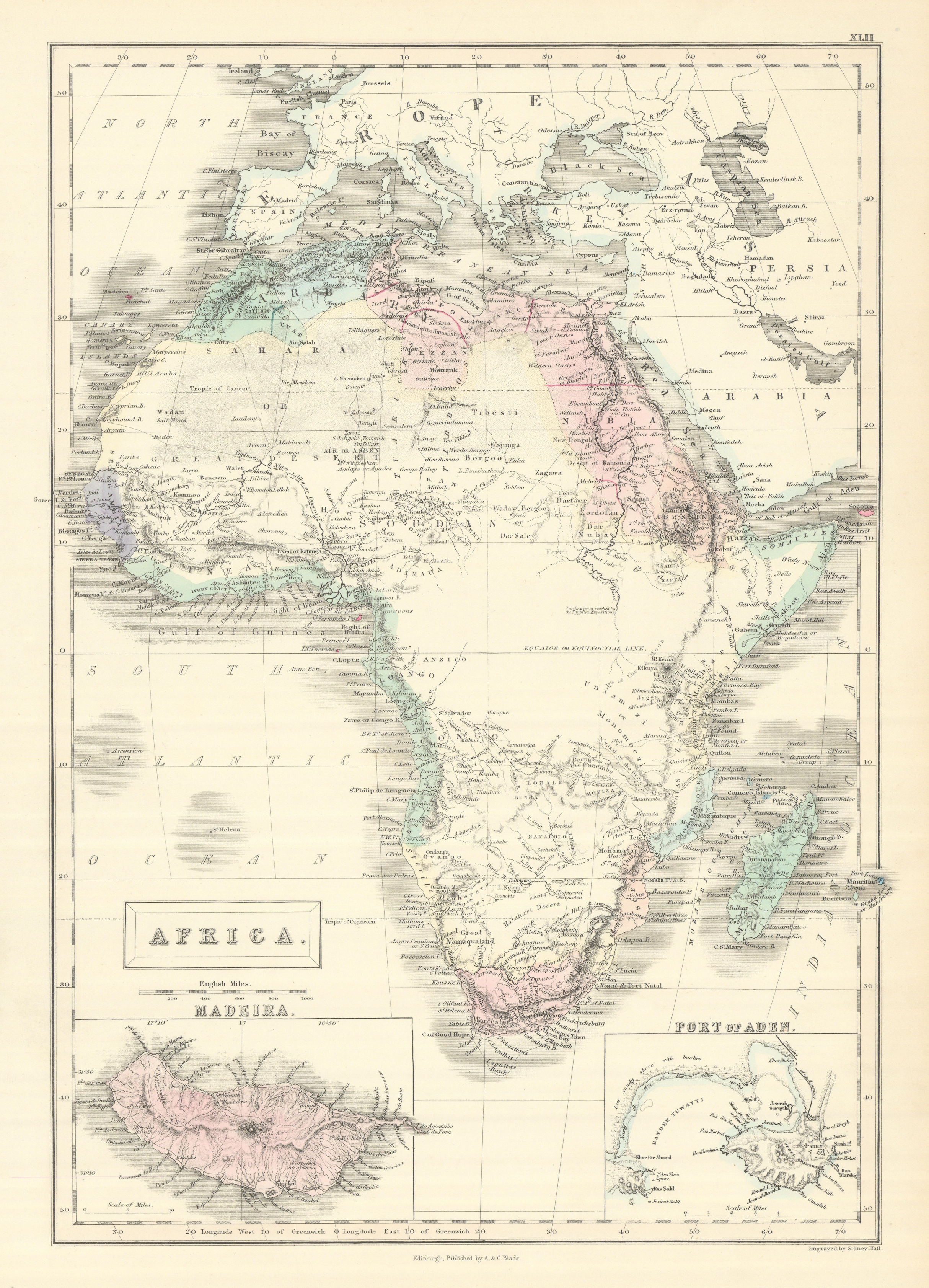 Associate Product Early colonial Africa. Inset Madeira & Aden. SIDNEY HALL 1854 old antique map