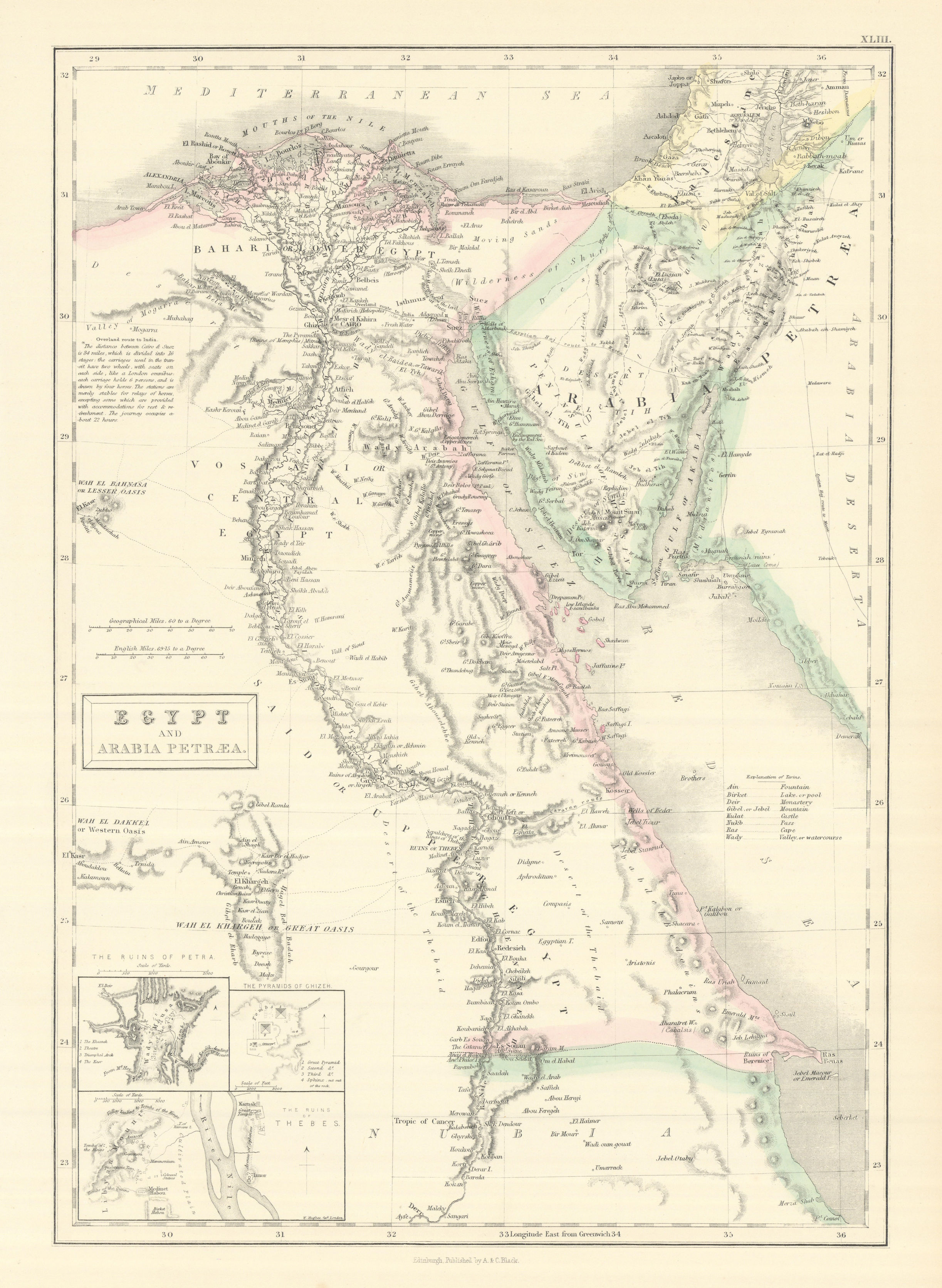 Egypt & Arabia Petraea. Insets Petra, Giza pyramids, Thebes ruins. HALL 1854 map