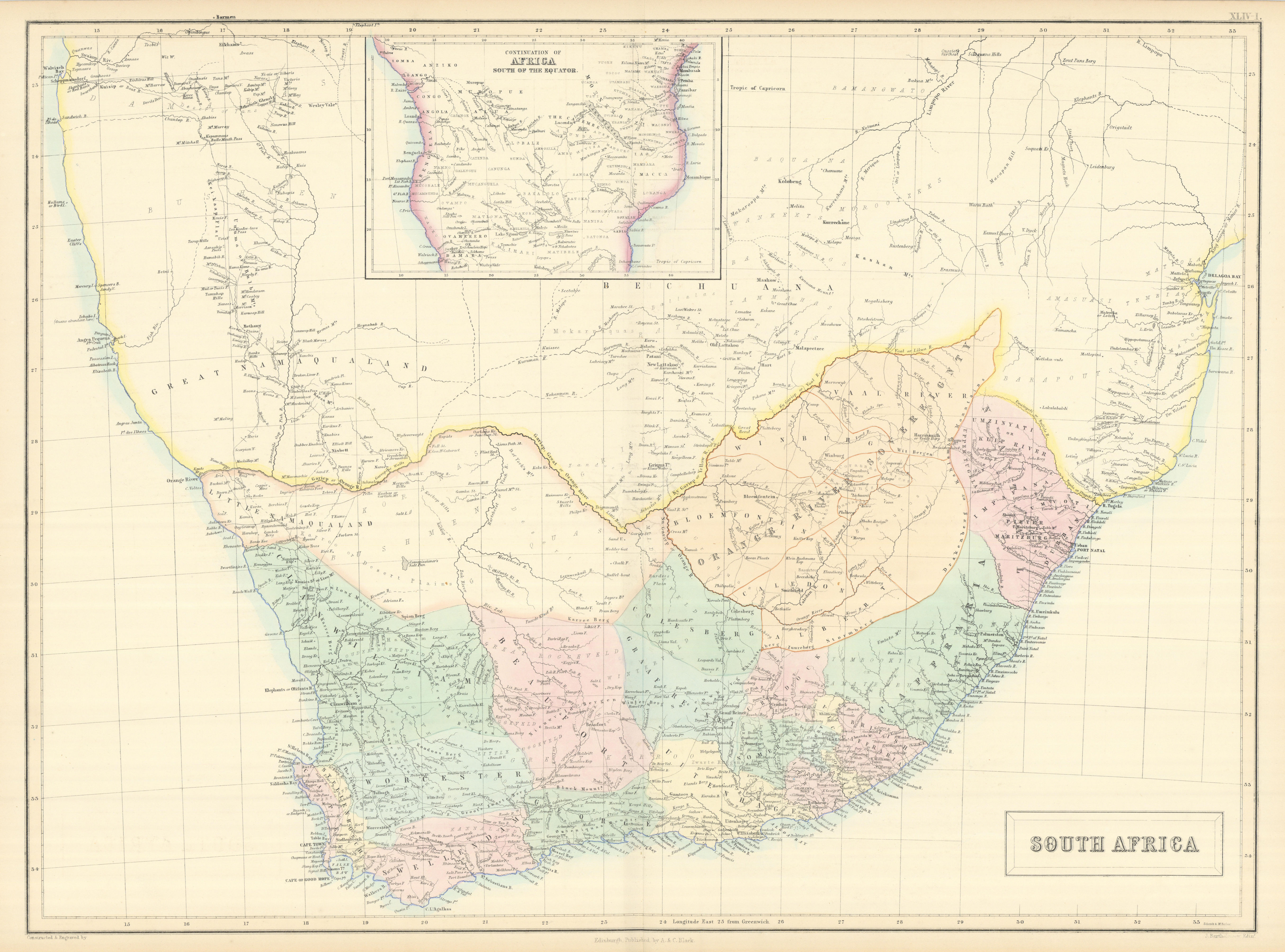 Associate Product South Africa. Orange River Sovereignty Namaqualand Bechuana SIDNEY HALL 1854 map
