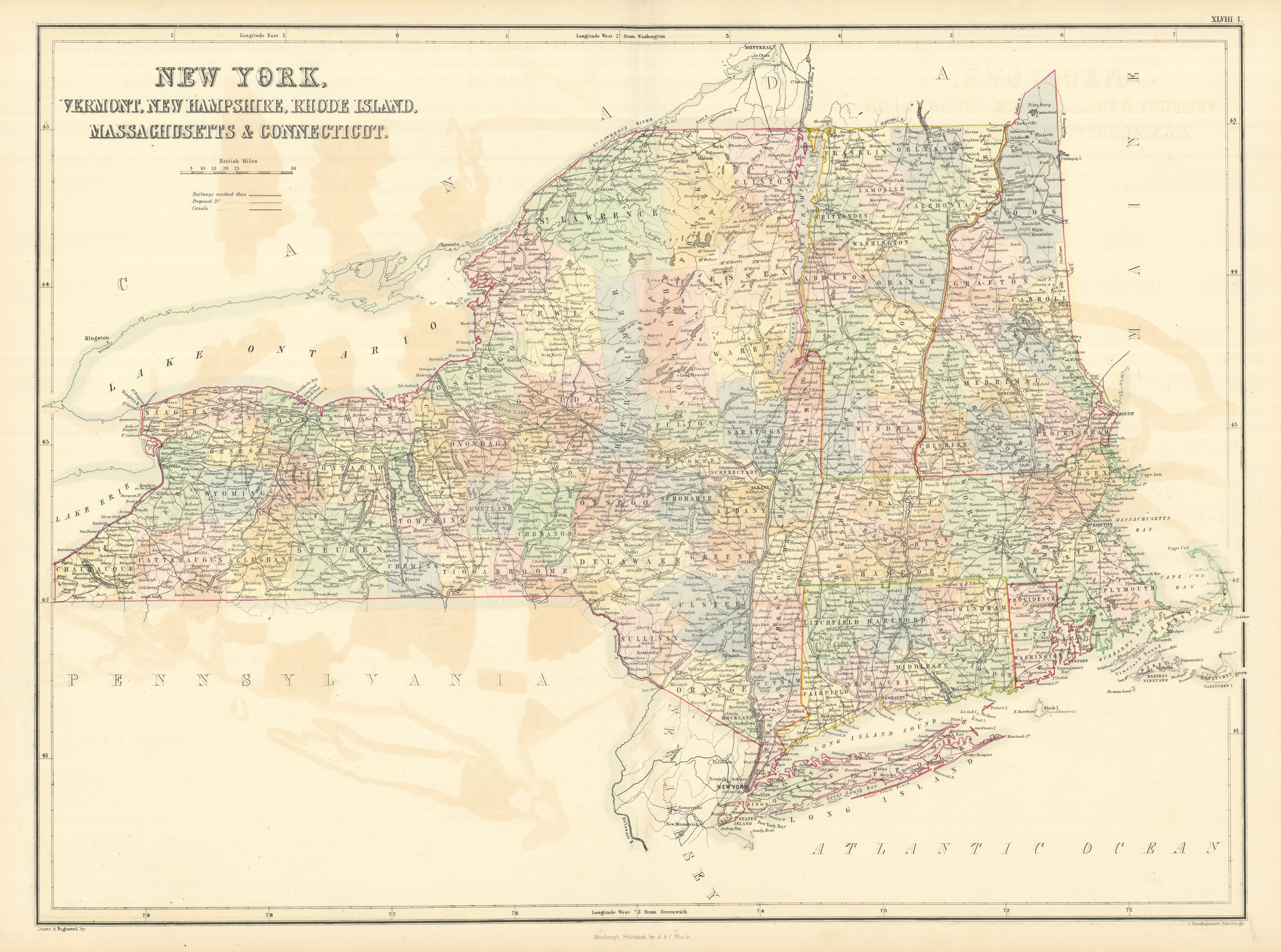 Associate Product New York & New England. VT CT RI MA NH. NYC Manhattan plan. SIDNEY HALL 1854 map