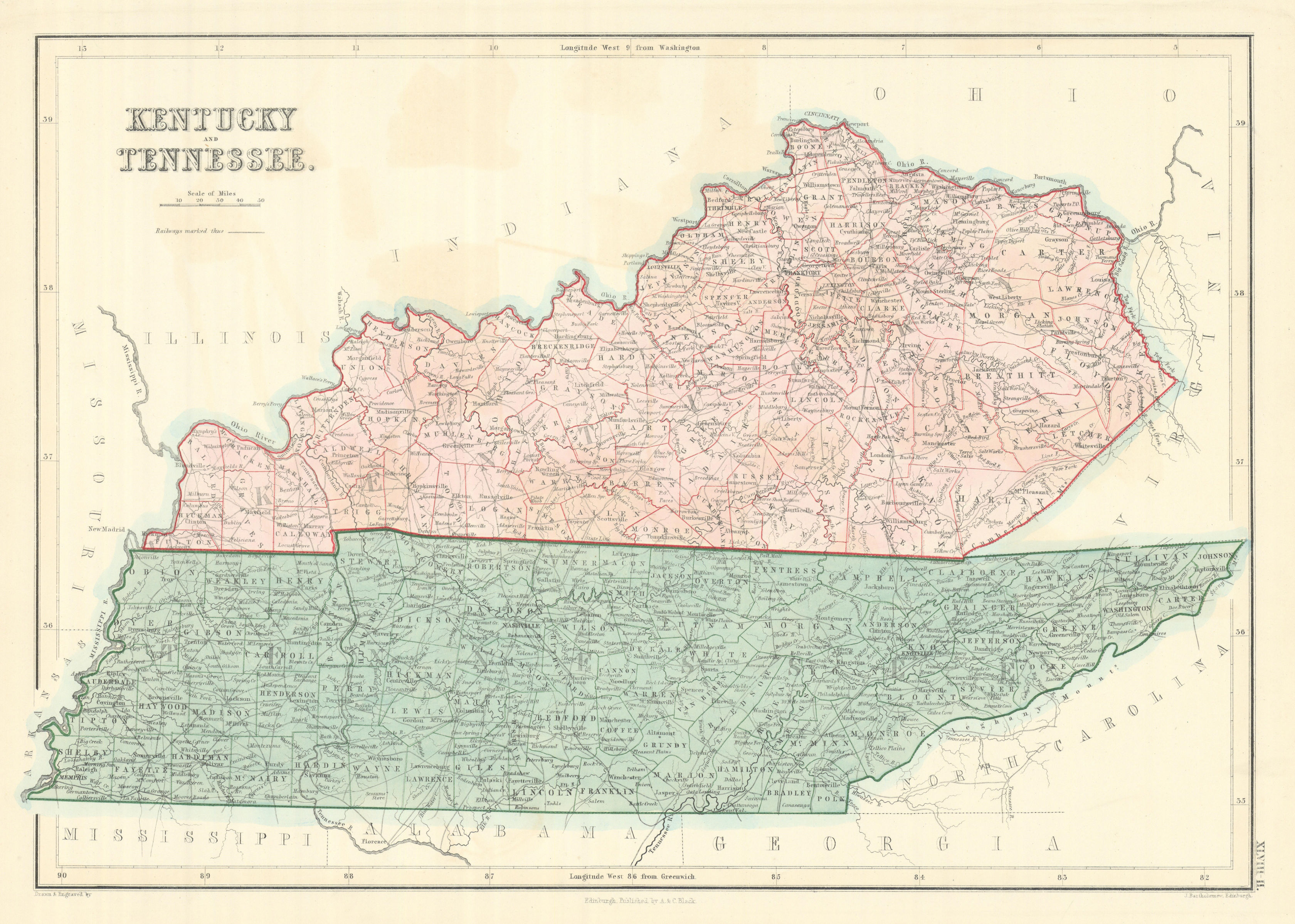 Associate Product Kentucky & Tennessee state map showing counties. JOHN BARTHOLOMEW 1854 old