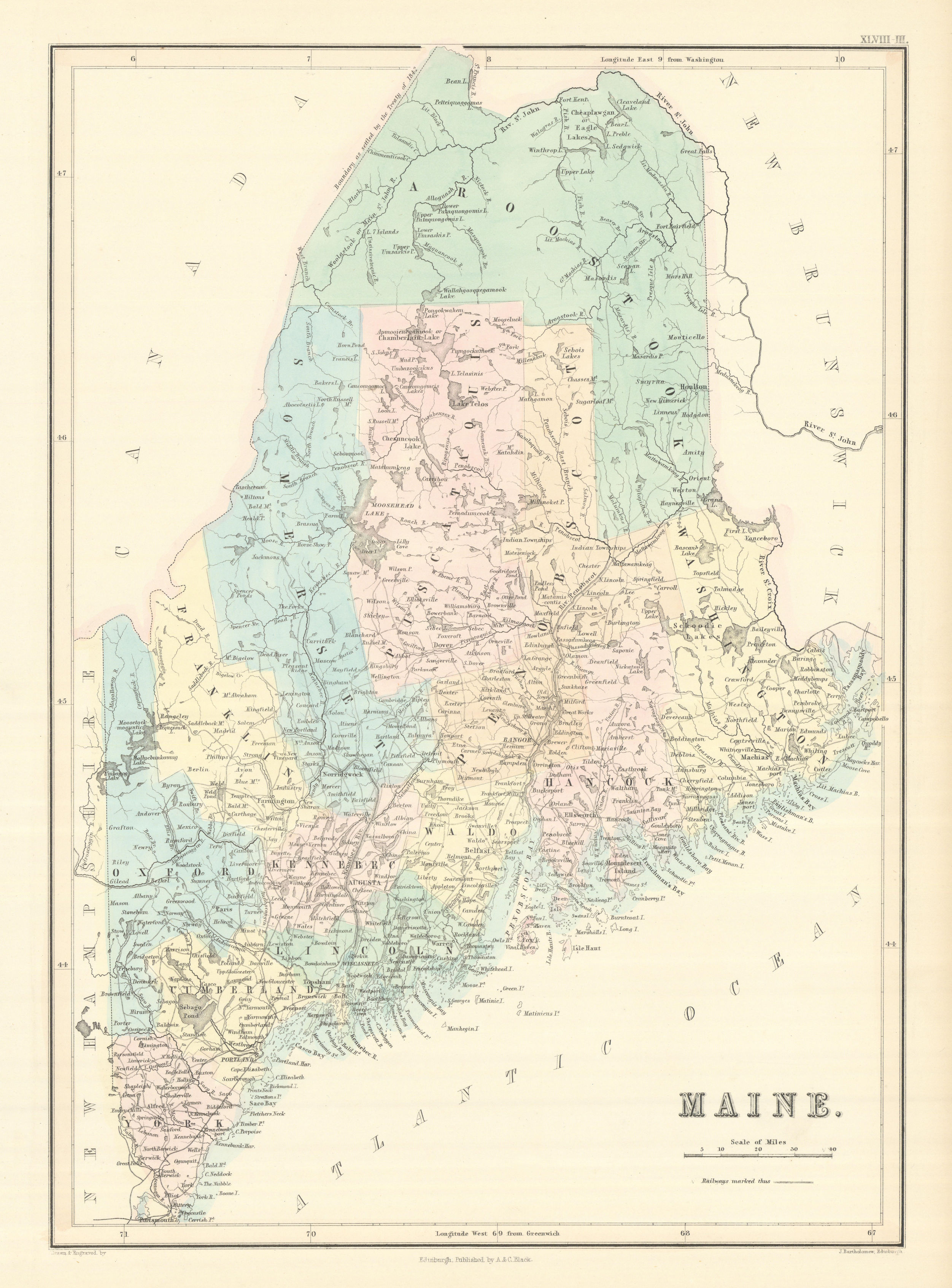 Associate Product Maine state map showing counties. JOHN BARTHOLOMEW 1854 old antique chart