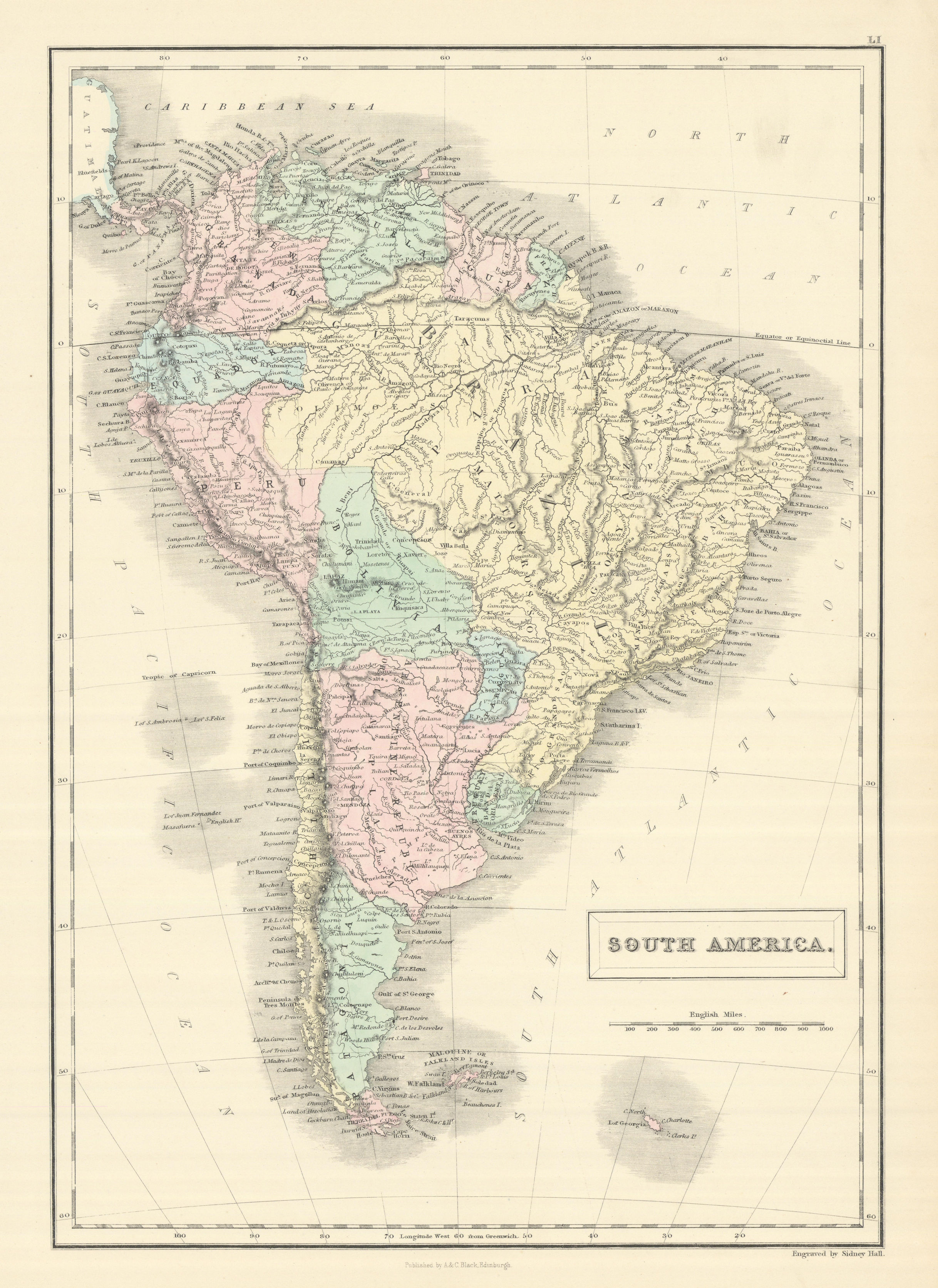 Associate Product South America. Bolivia with Litoral. New Granada. Banda Oriental. HALL 1854 map