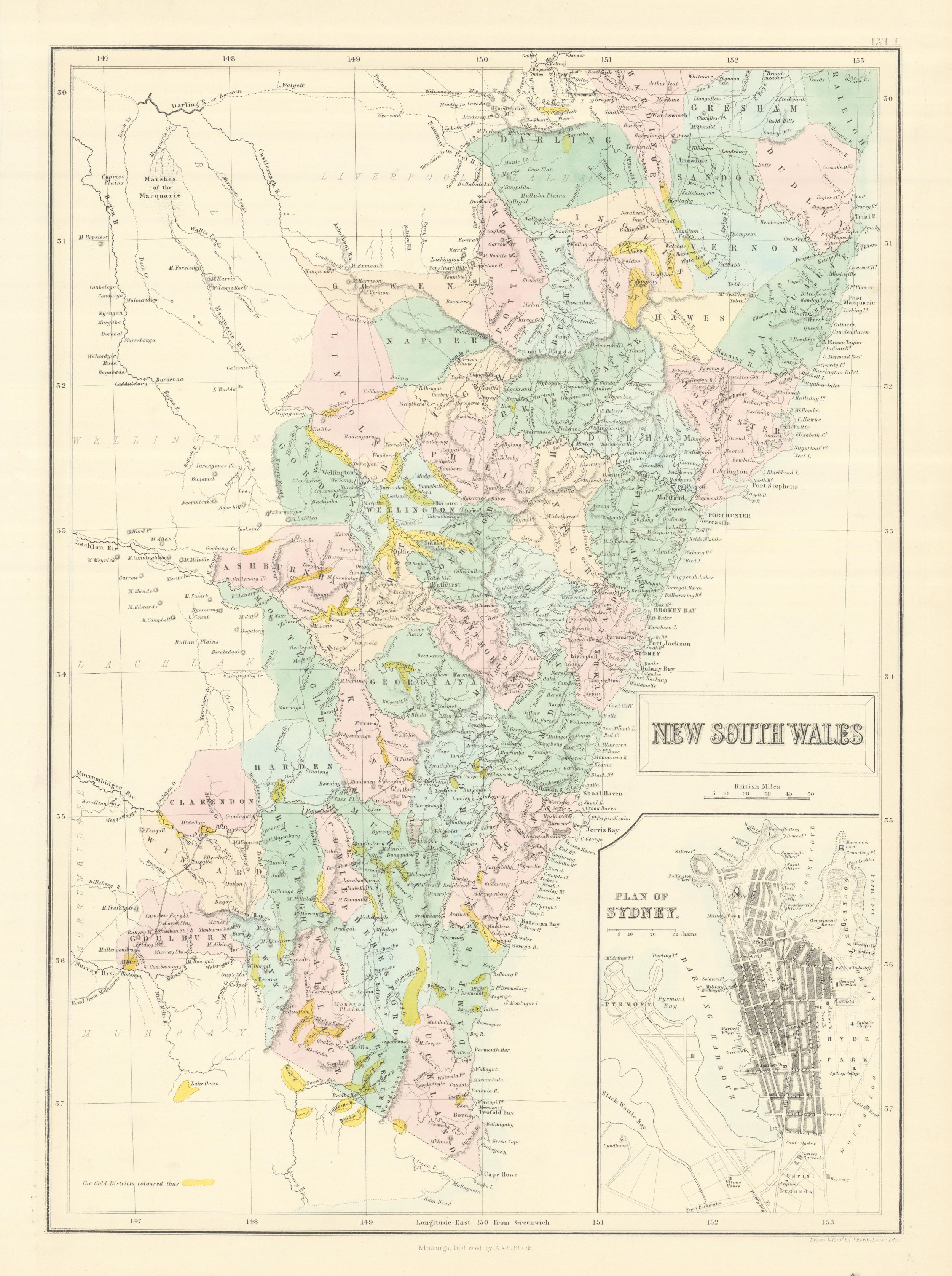 Associate Product New South Wales showing gold rush districts. Inset Sydney city plan 1854 map