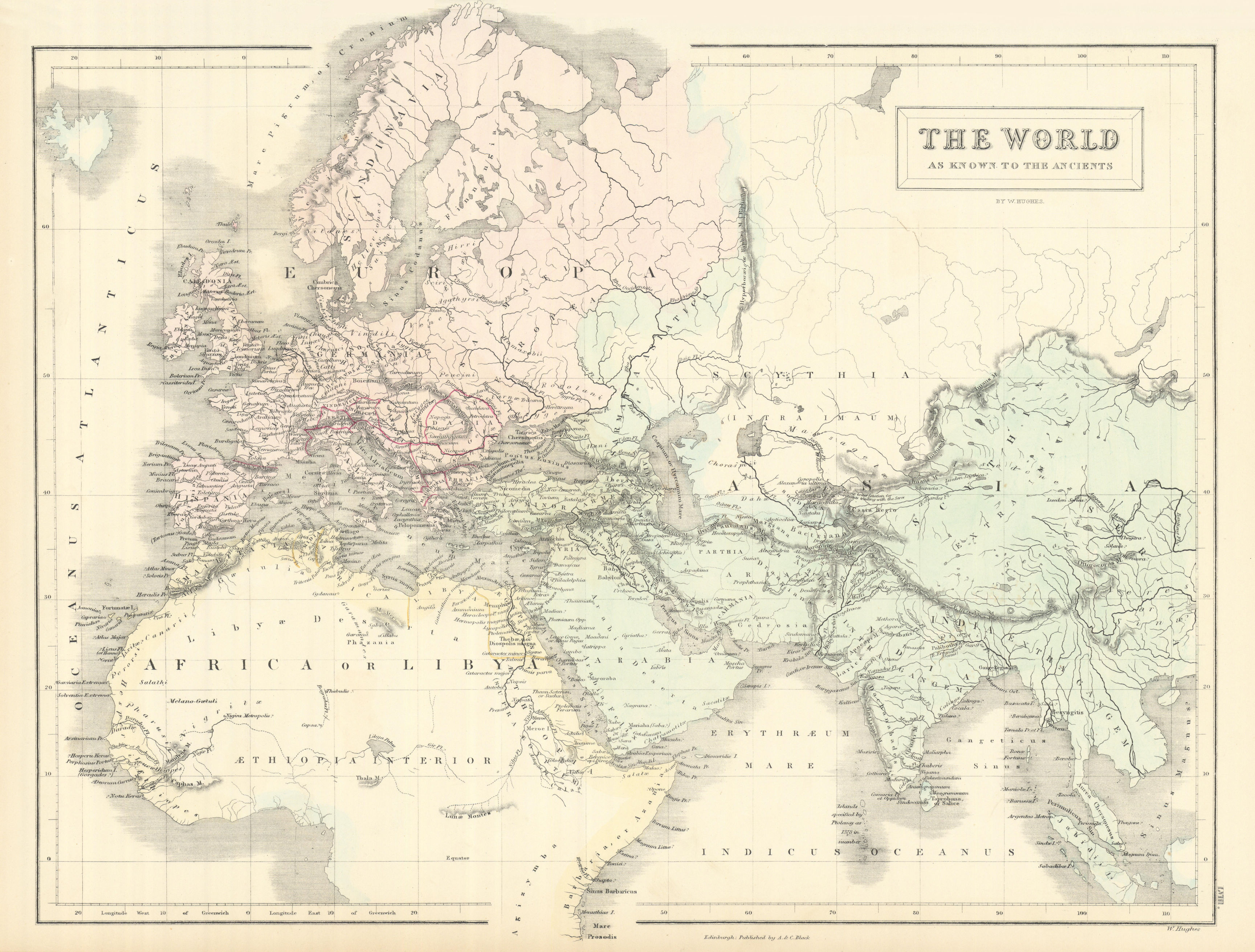 Associate Product The World as known to the Ancients, by WILLIAM HUGHES 1854 old antique map