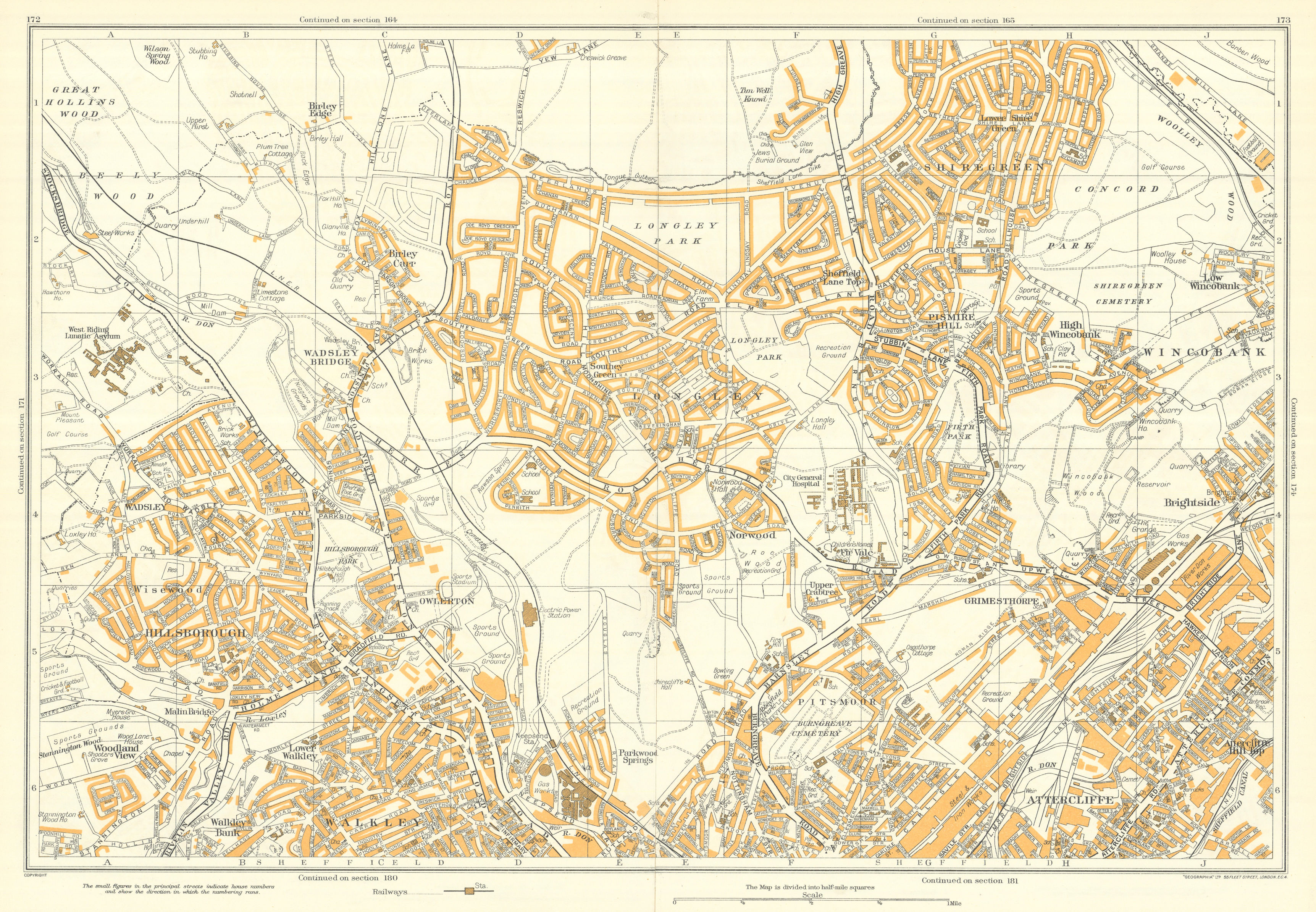 Associate Product SHEFFIELD NORTH vintage town city plan. Hillsborough Longley GEOGRAPHIA 1935 map