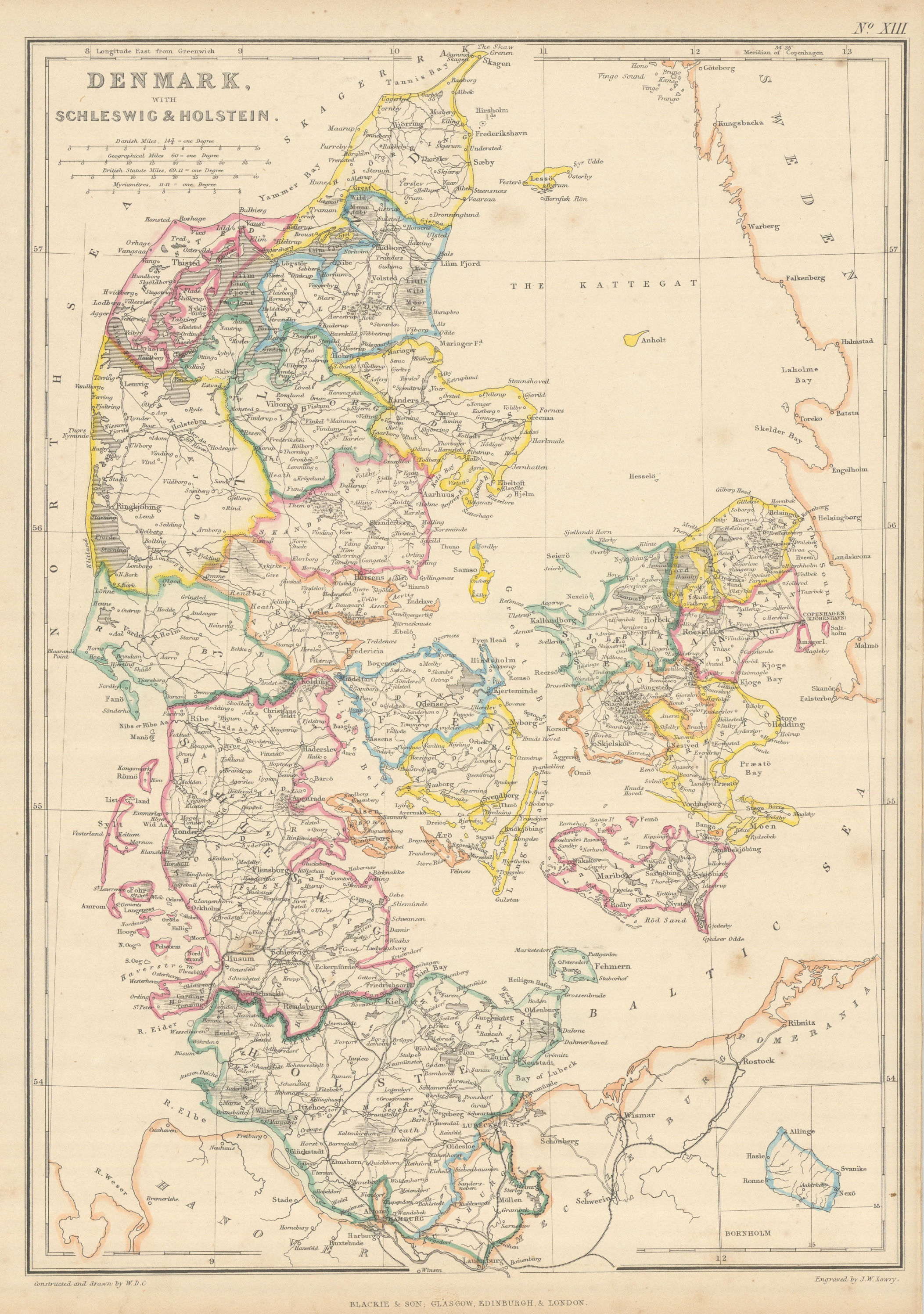 Associate Product Denmark, with Schleswig & Holstein by Joseph Wilson Lowry 1860 old antique map
