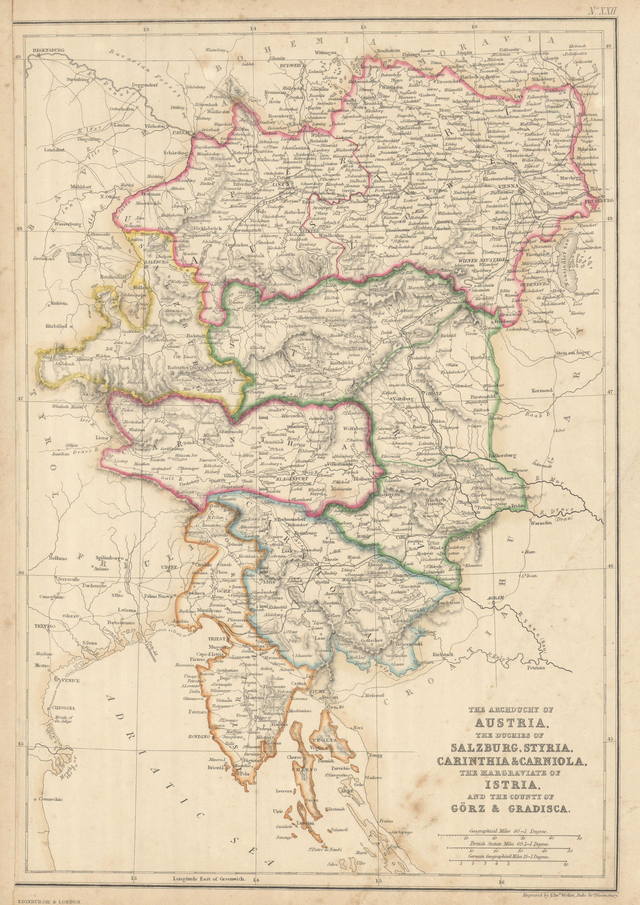 Associate Product Archduchy of Austria. Salzburg, Styria… Slovenia Istria. WELLER 1860 old map