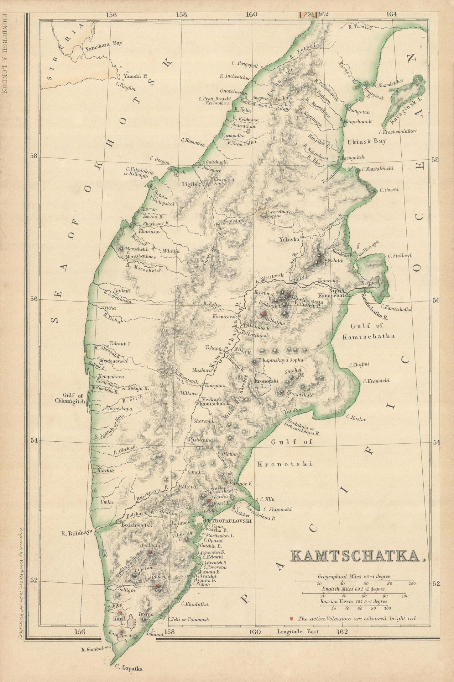 Associate Product Kamchatka 'Kamtschatka' showing active volcanoes. WELLER 1860 old antique map