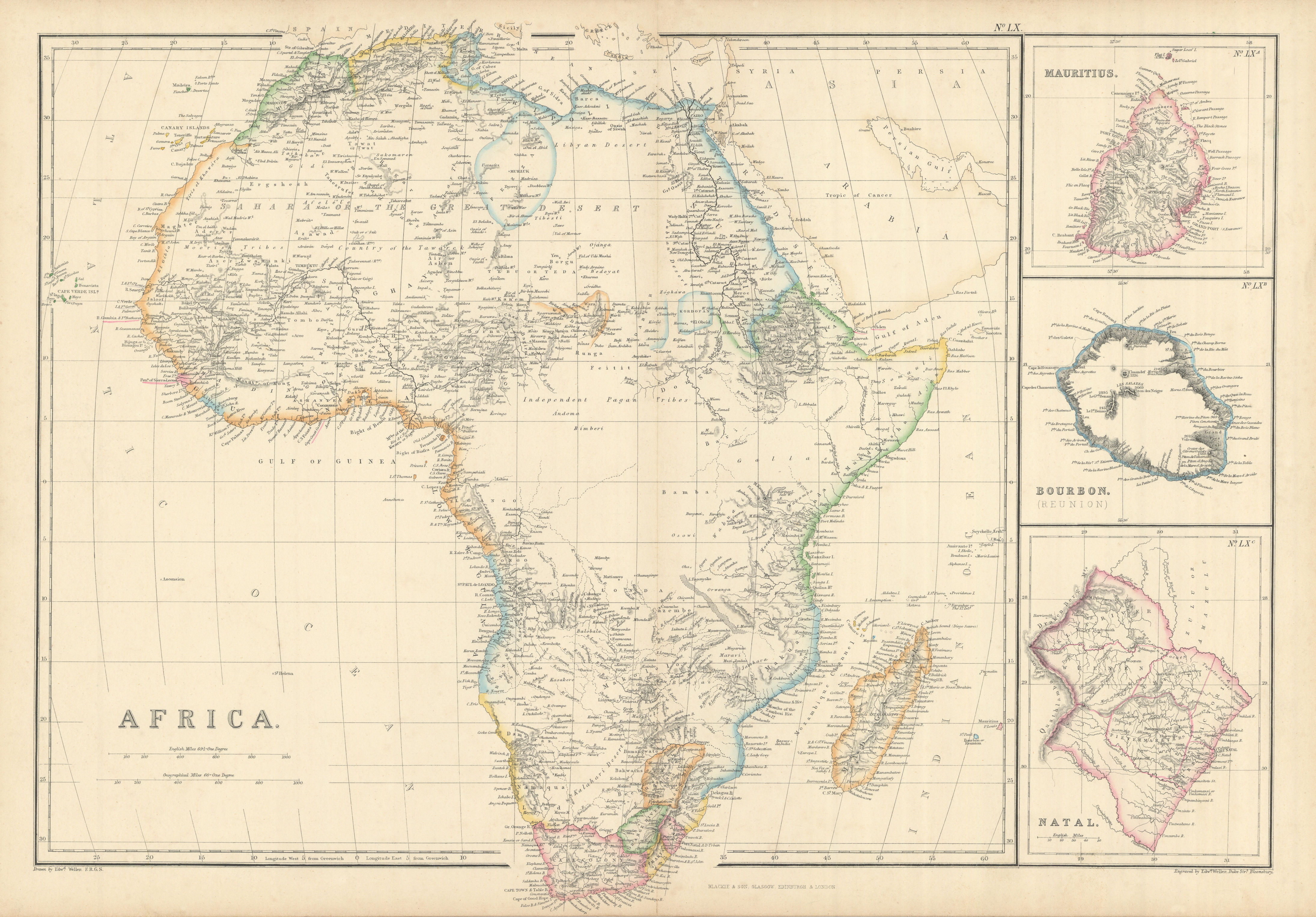 Associate Product Africa. Mauritius, Bourbon (Reunion) & Natal by Edward Weller 1860 old map