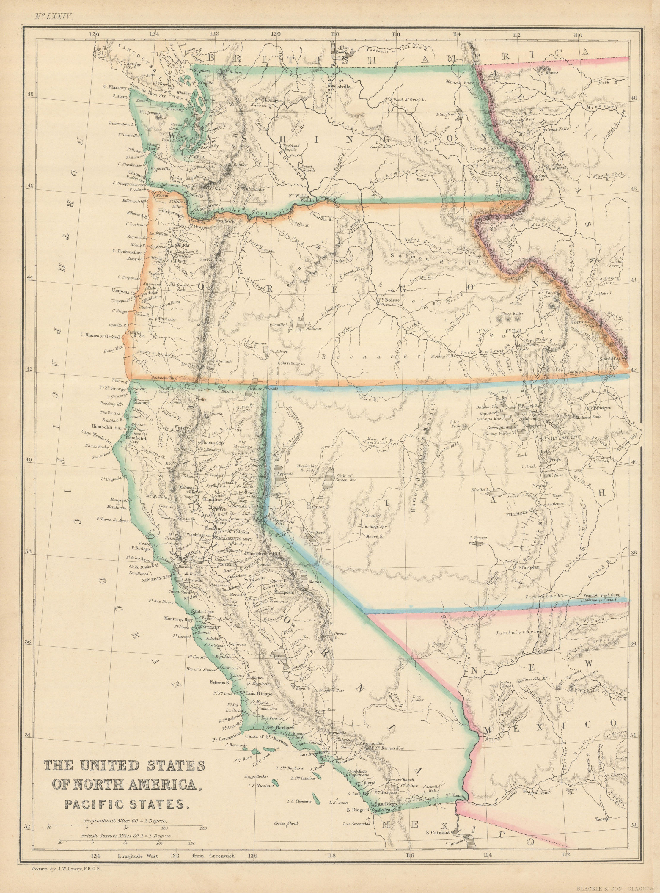 Associate Product United States of North America, Pacific States by Joseph Wilson Lowry 1860 map
