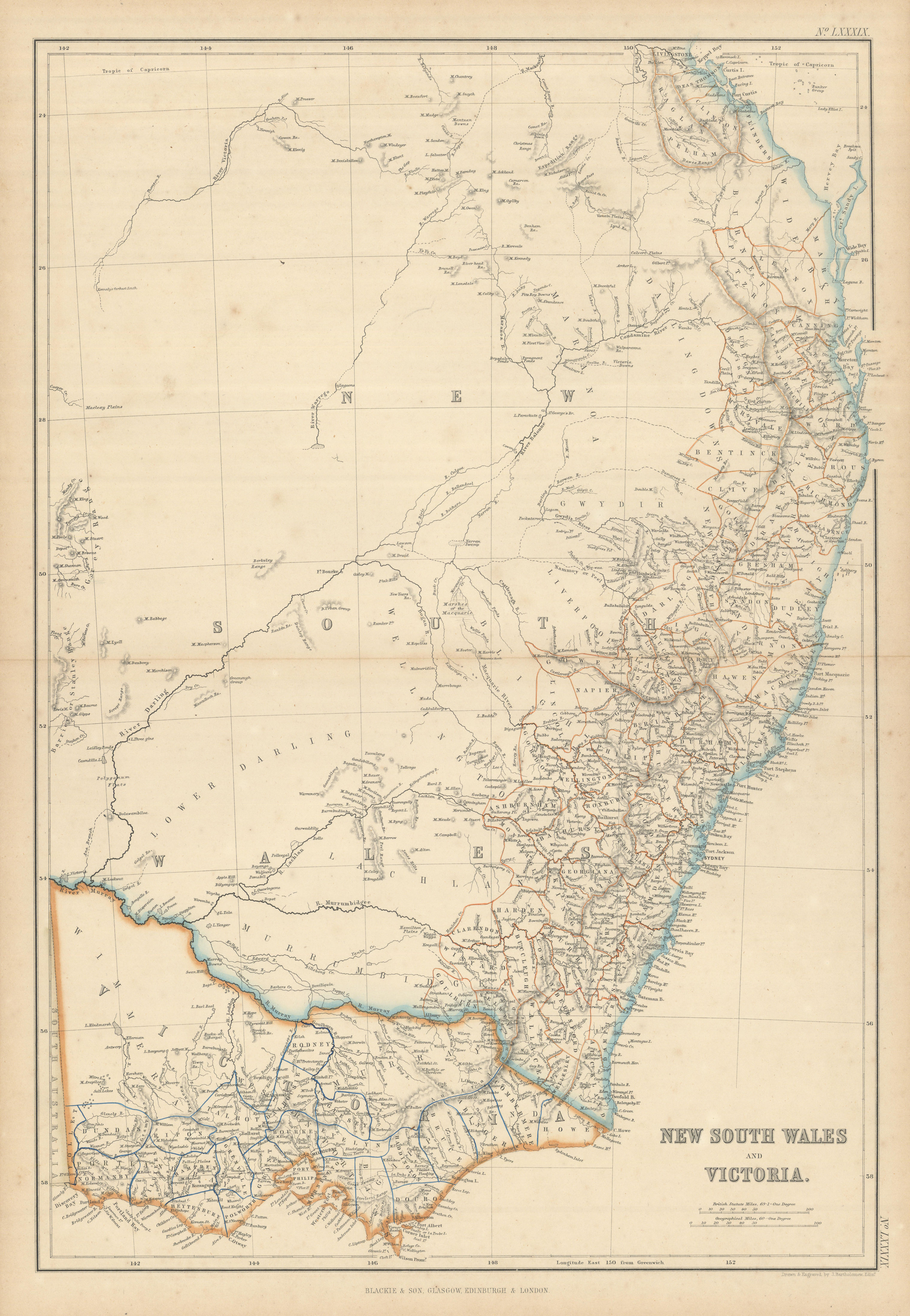 Associate Product Queen's Land, New South Wales and Victoria. Queensland. BARTHOLOMEW 1860 map