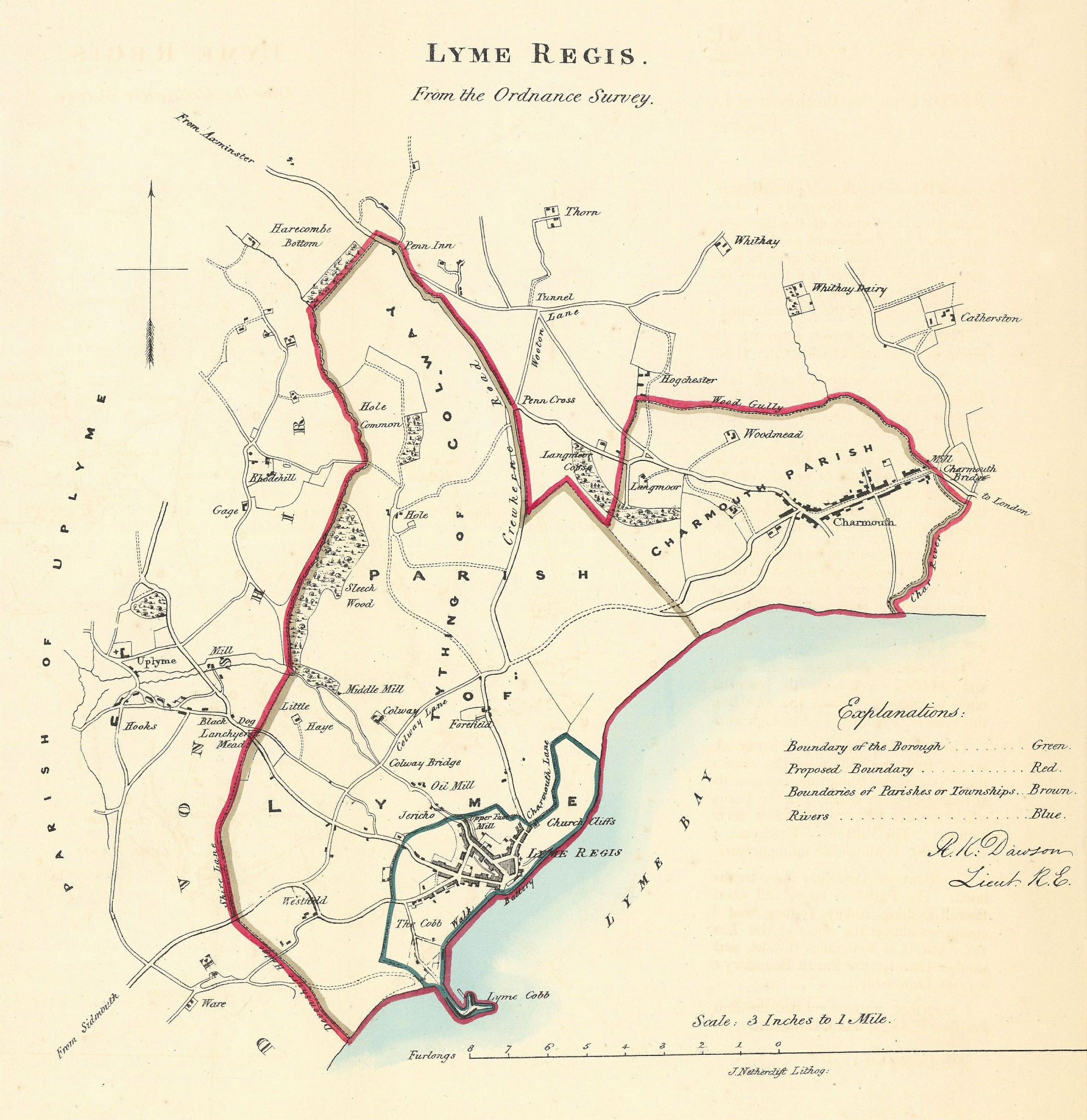 LYME REGIS town/borough plan. REFORM ACT. Charmouth. Dorset. DAWSON 1832 map