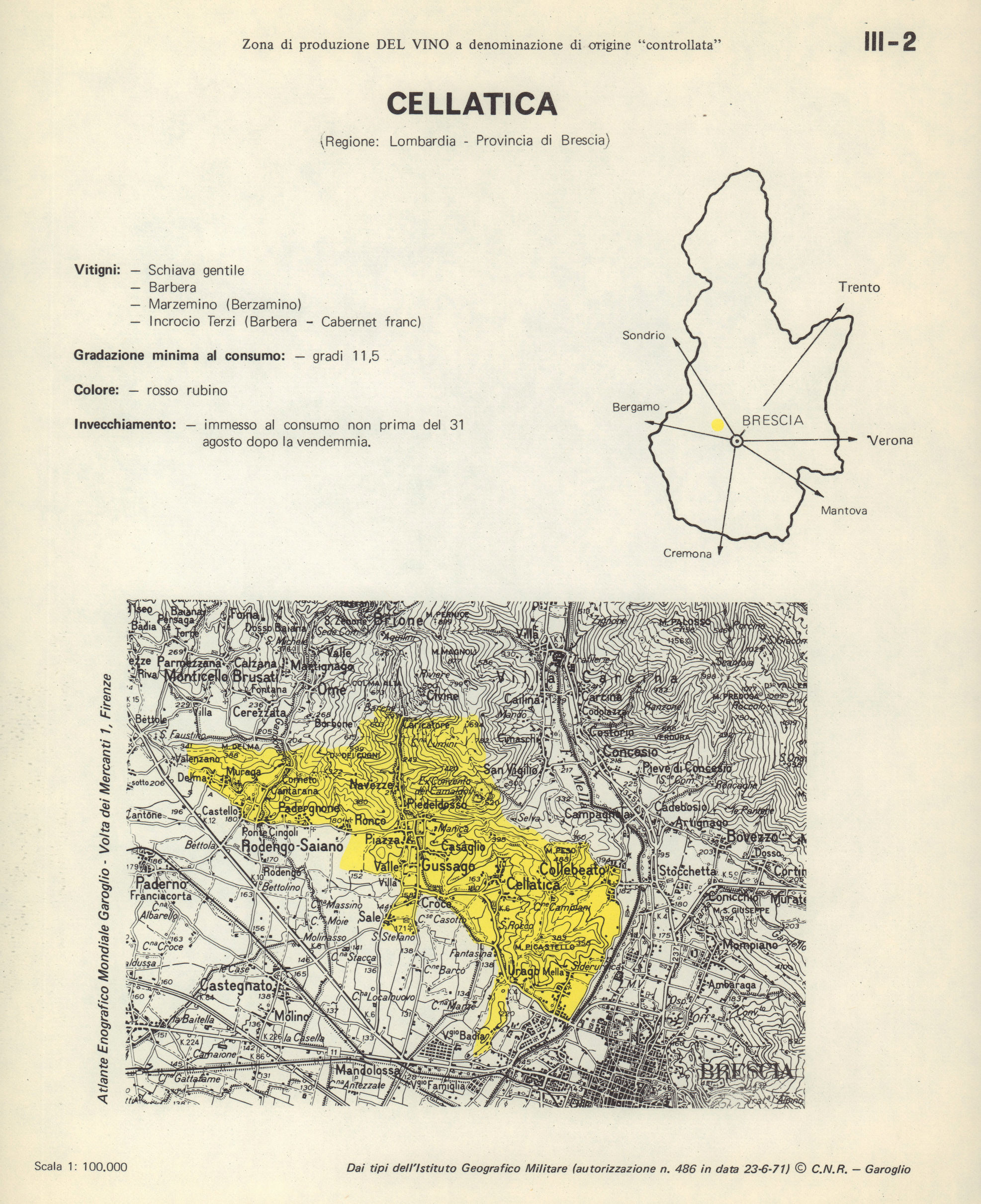 Italy wine. Cellatica DOC. Lombardia. Brescia 1976 old vintage map plan chart