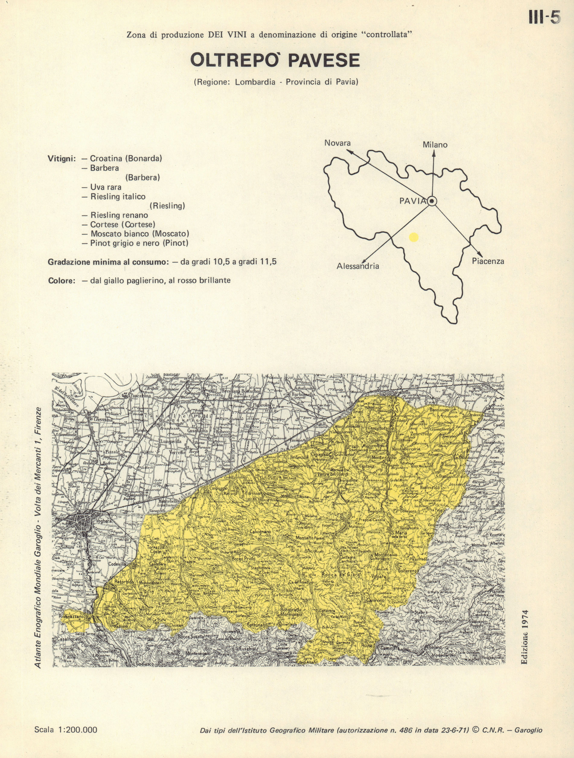 Associate Product Italy wine. Oltrepo Pavese DOC. Lombardia. Pavia 1976 old vintage map chart