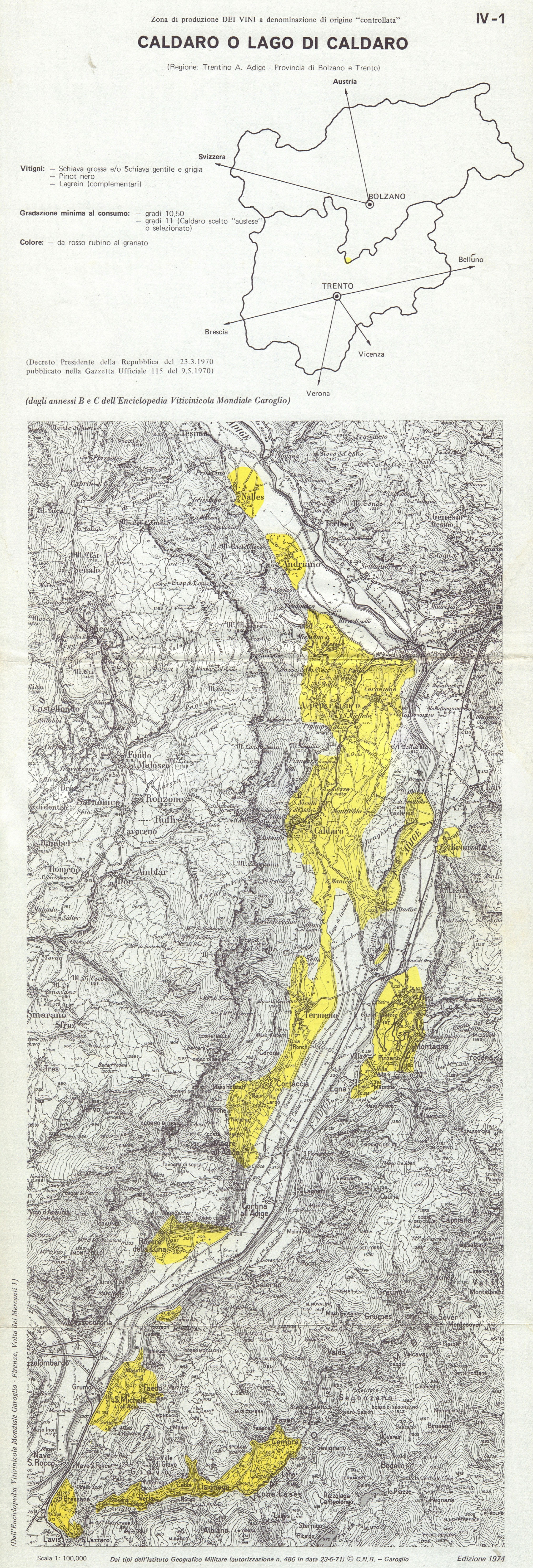 Italy wine. Lago di Caldaro DOC. Trentino Adige Bolzano Trento 1976 old map