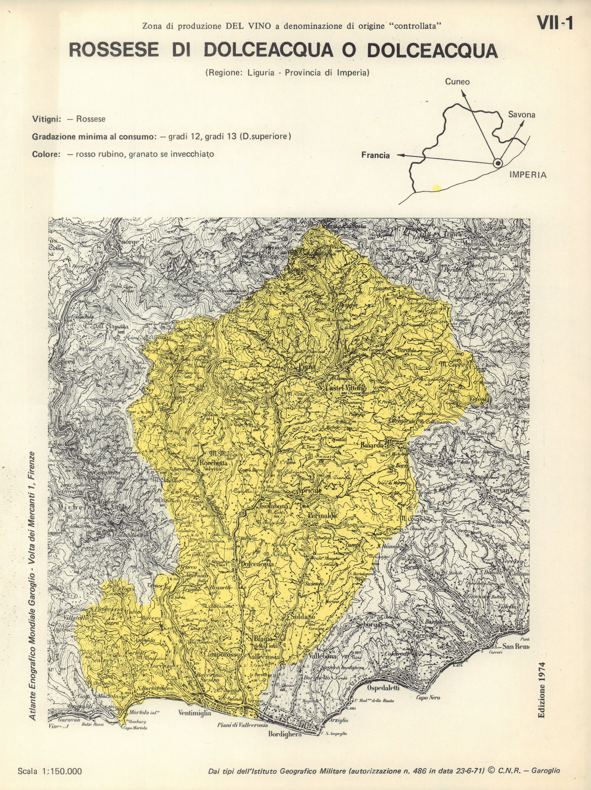Italy wine. Rossese di Dolceacqua o Dolceacqua DOC. Liguria. Imperia 1976 map