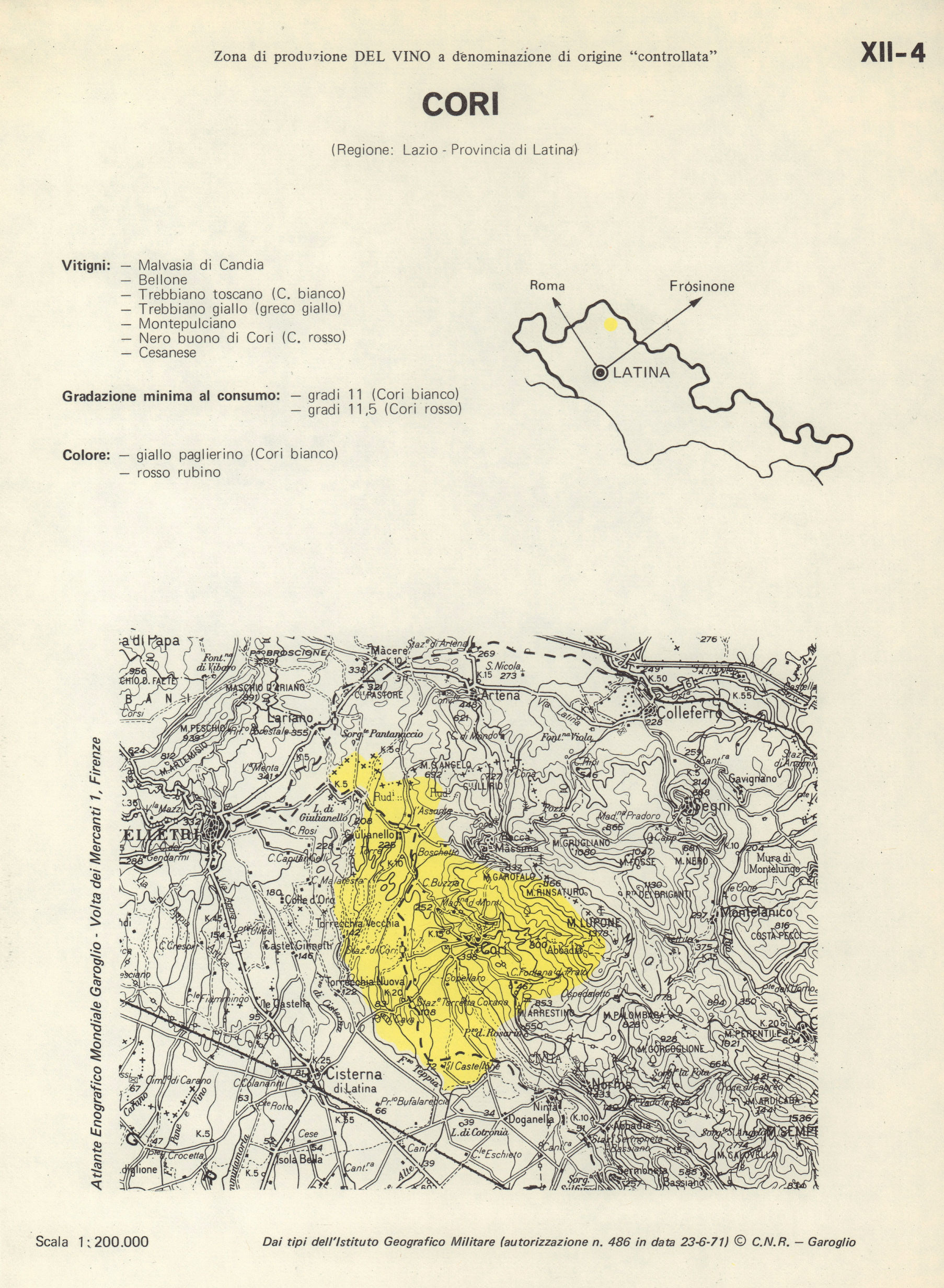 Associate Product Italy wine. Cori DOC. Lazio. Latina 1976 old vintage map plan chart