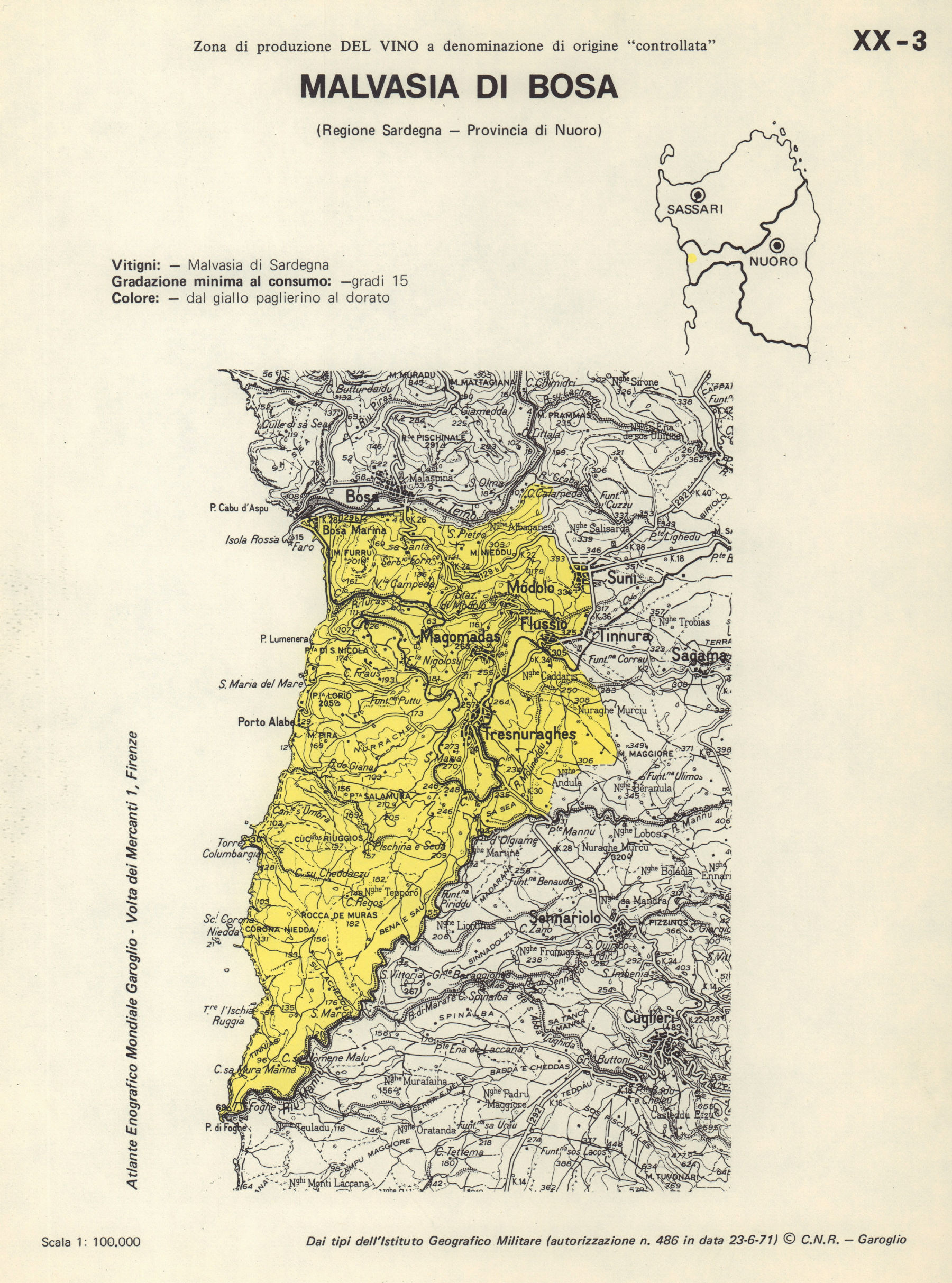 Italy wine. Malvasia di Bosa DOC. Sardegna. Nuoro 1976 old vintage map chart