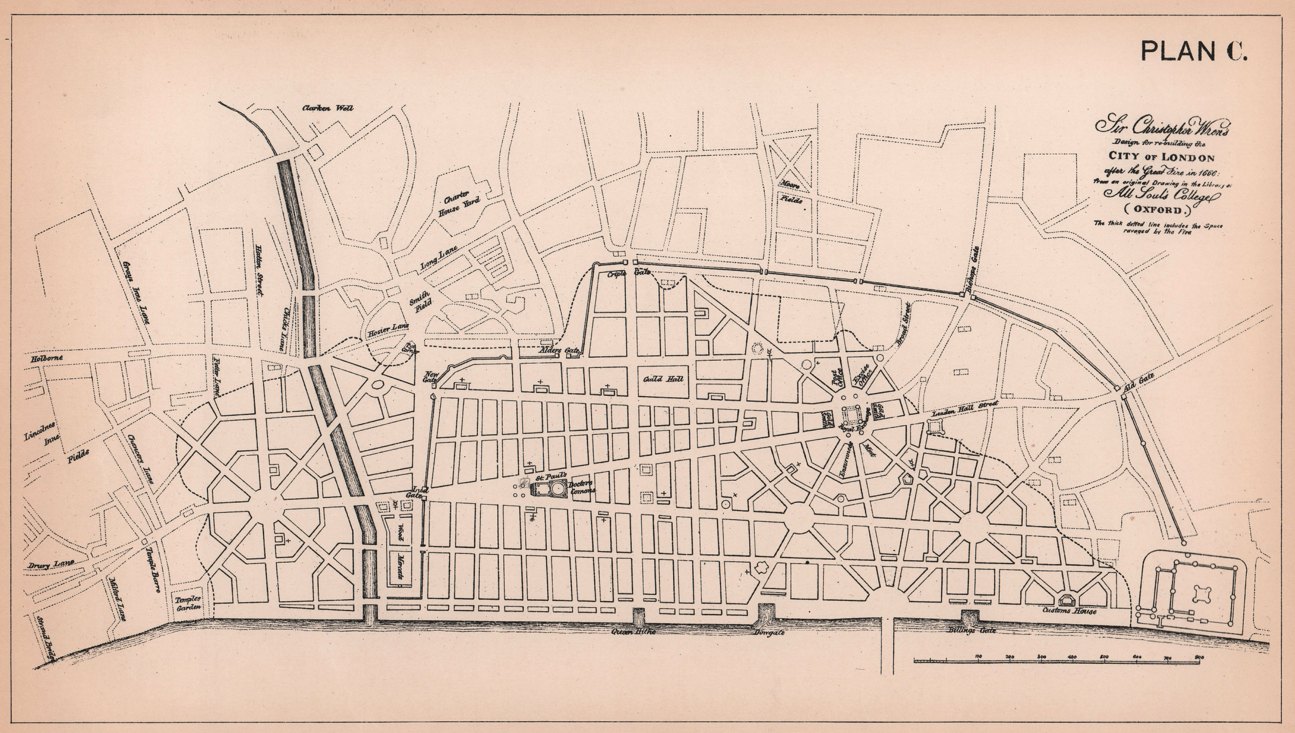 Associate Product Wren's design for rebuilding the City of London after the Great Fire 1898 map