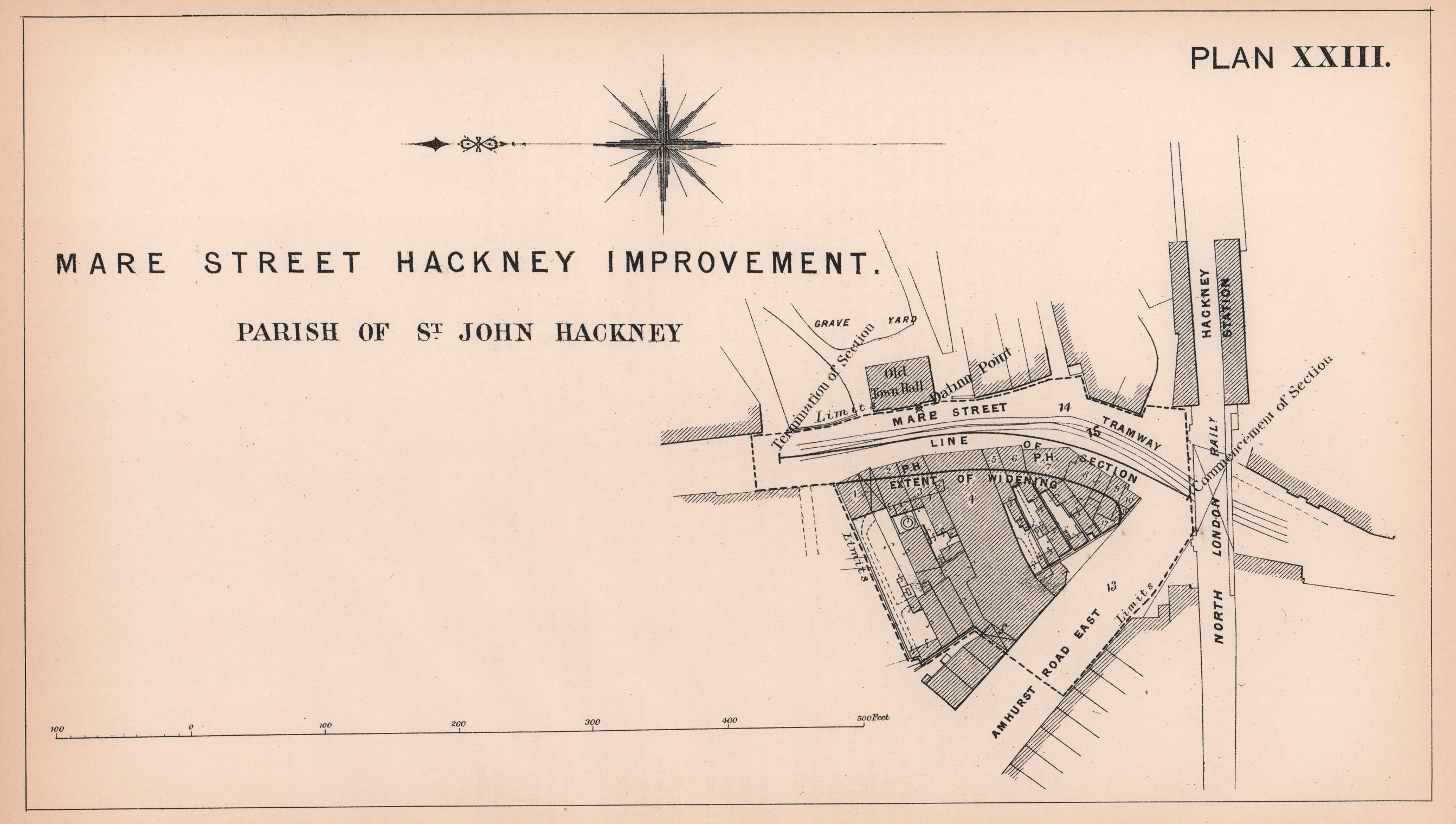 Associate Product 1879 Hackney Central. Mare Street & Amhurst Road widening 1898 old antique map