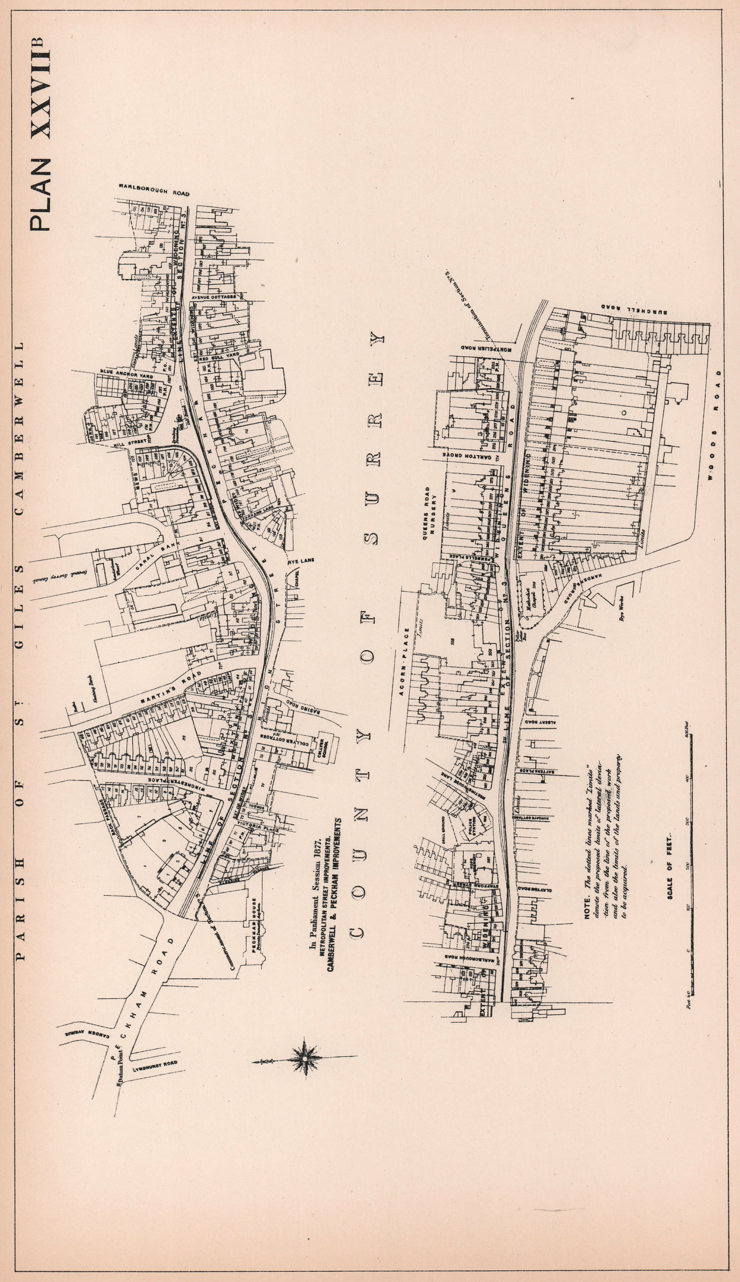 Associate Product 1877 Peckham High Street widening. Lyndhurst Road - Queen's Road 1898 old map