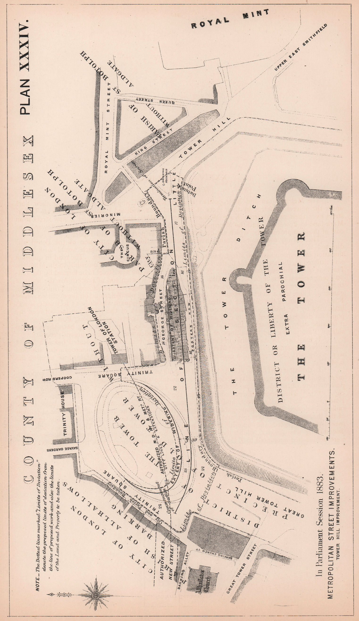 1883 Tower Hill widening. Byward Street & Circle line development 1898 old map