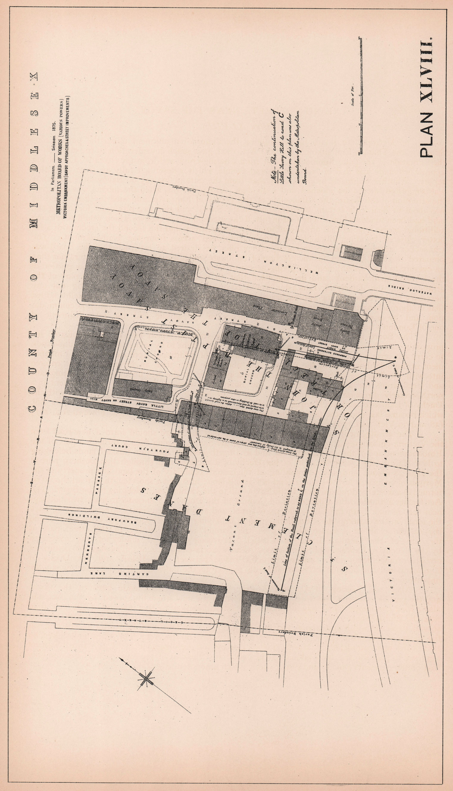 1875 Victoria Embankment. Savoy Place development. Waterloo Bridge 1898 map