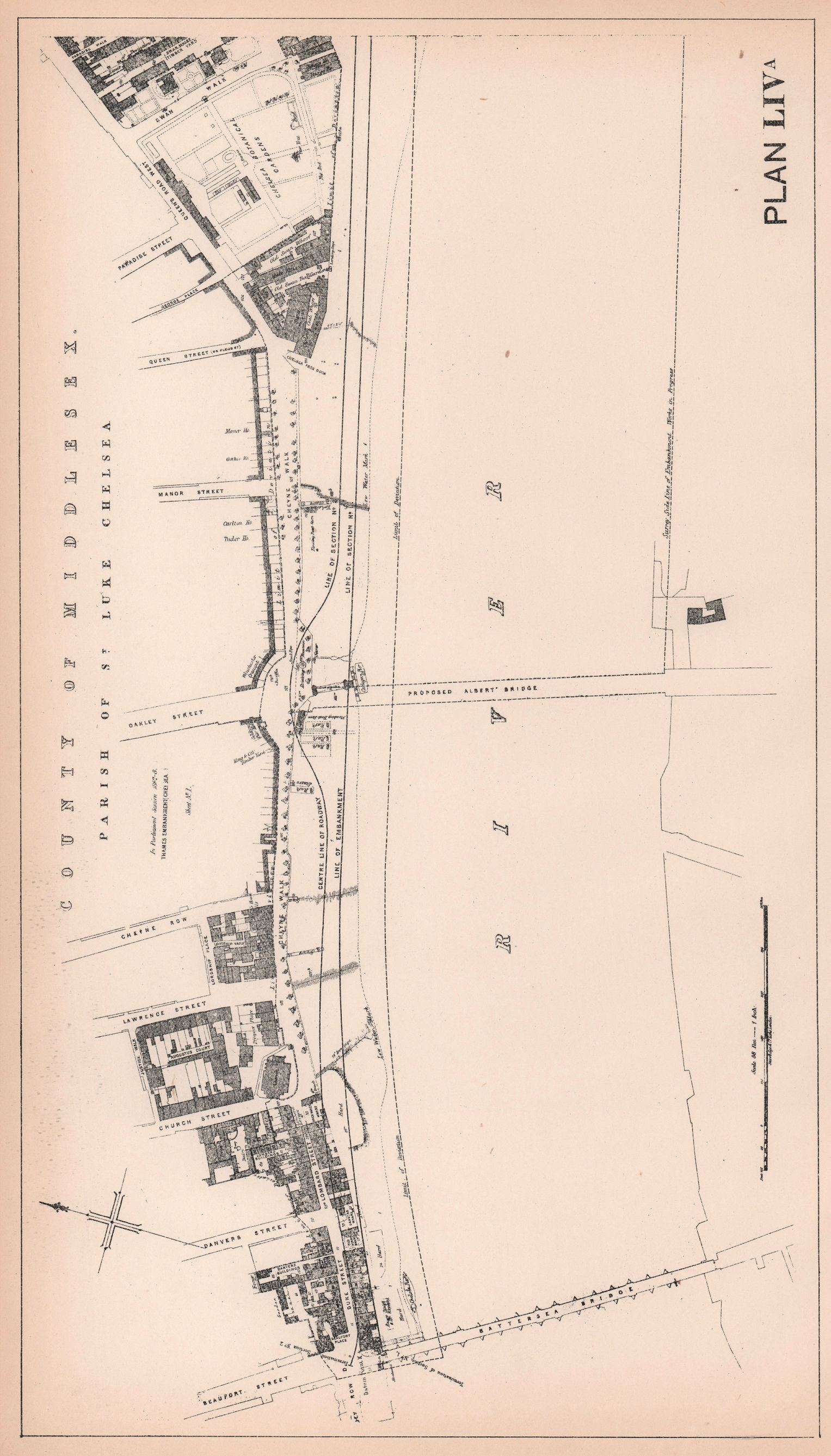 1867-8 Chelsea Embankment plan. Battersea Bridge - Physic Garden 1898 old map