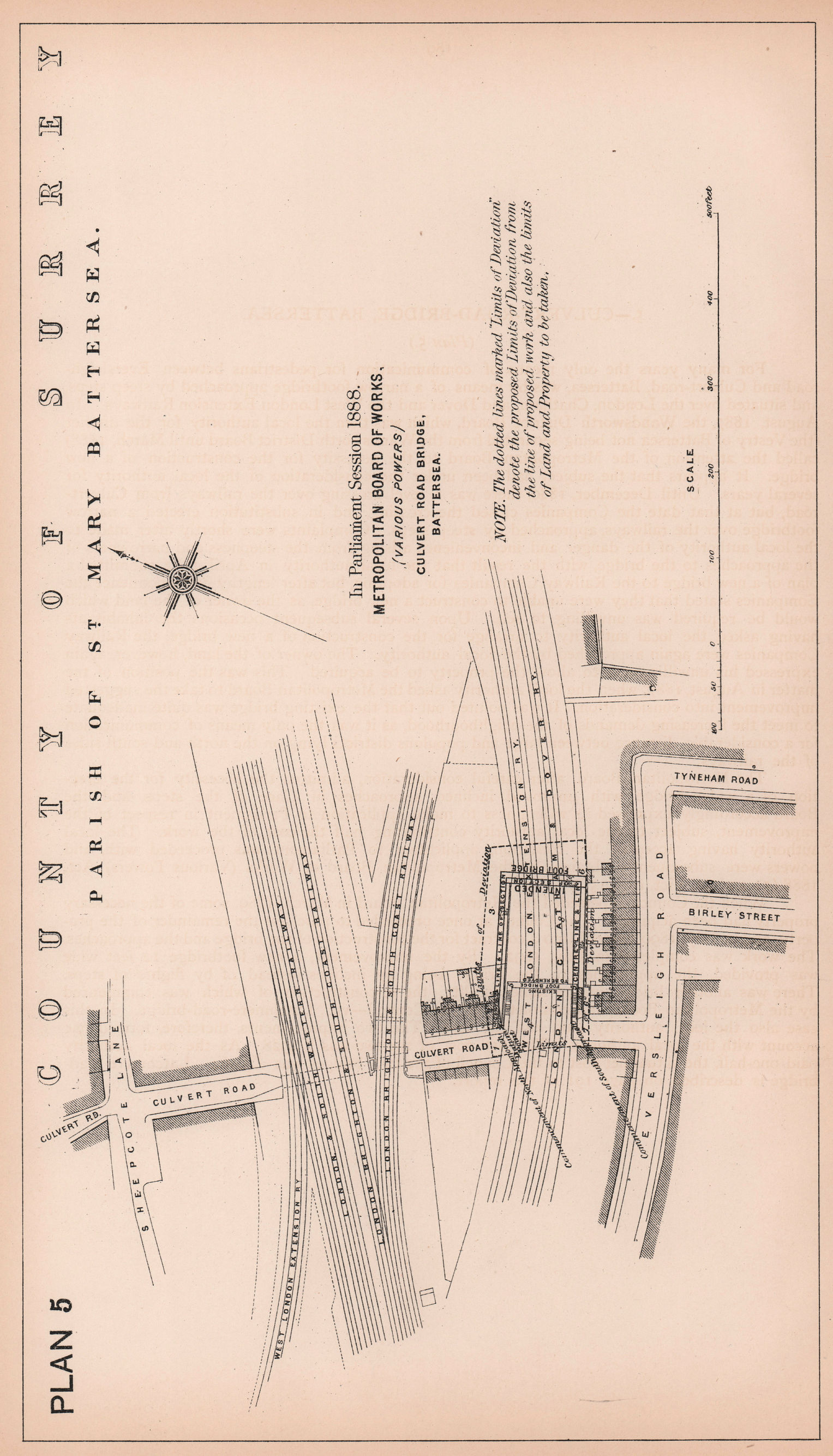 1888 Proposed Culvert Road Bridge, Battersea. Eversleigh Road 1898 old map
